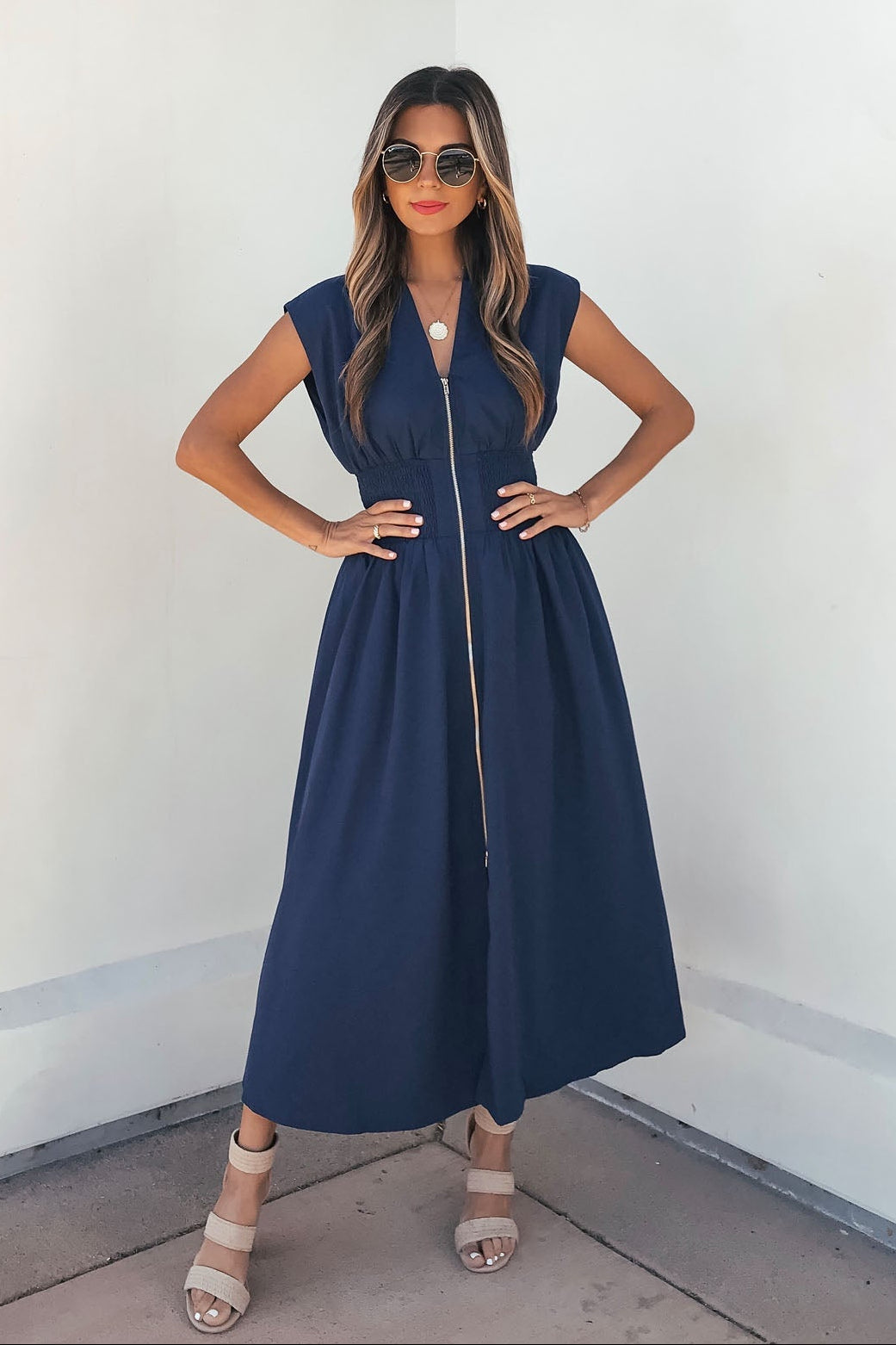Solid Zip Up Front Midi Dress – Navy - Mearch
