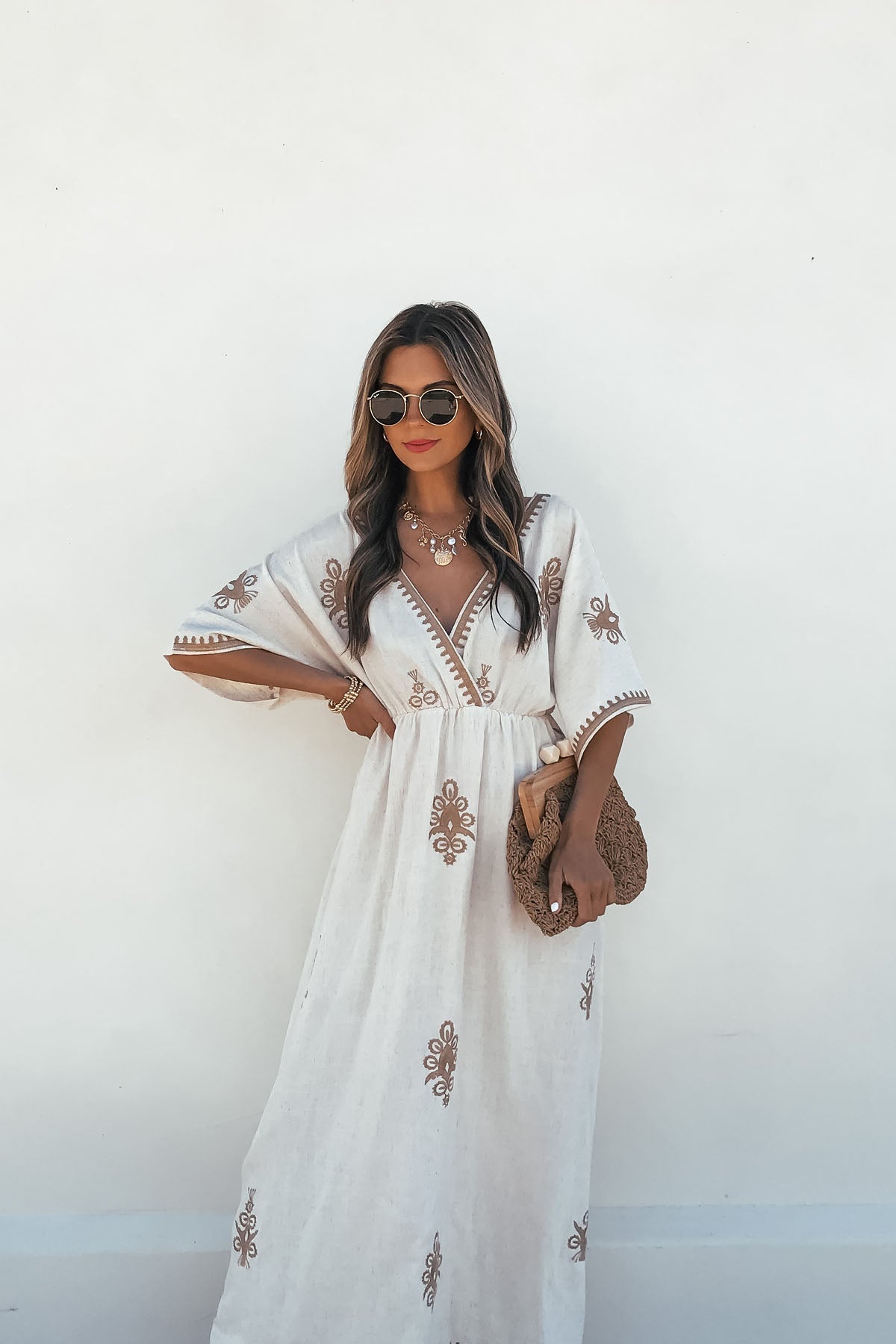 Beige Floral Embroidered Linen Maxi Dress - Mearch