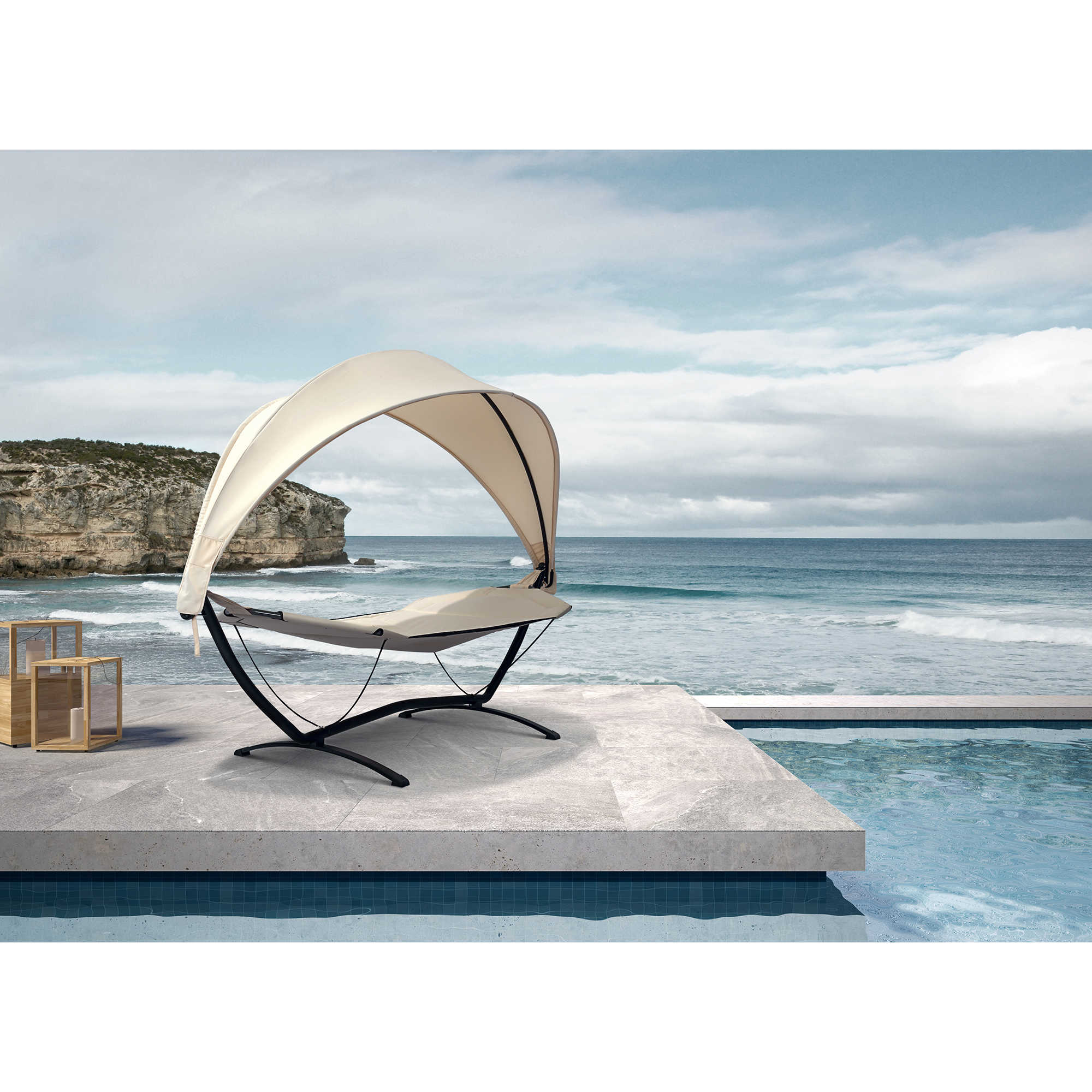 Sea Breeze Luxury Steel Frame Lounger With Canopy - Champagne