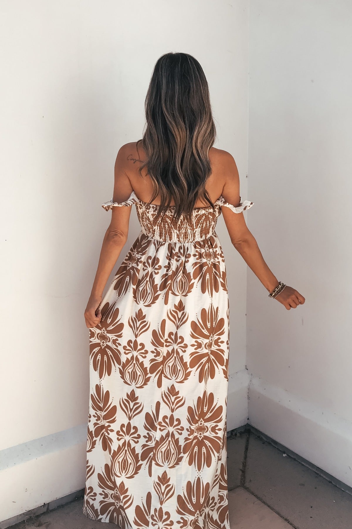 Calista Print Off The Shoulder Maxi Dress – Taupe - Mearch