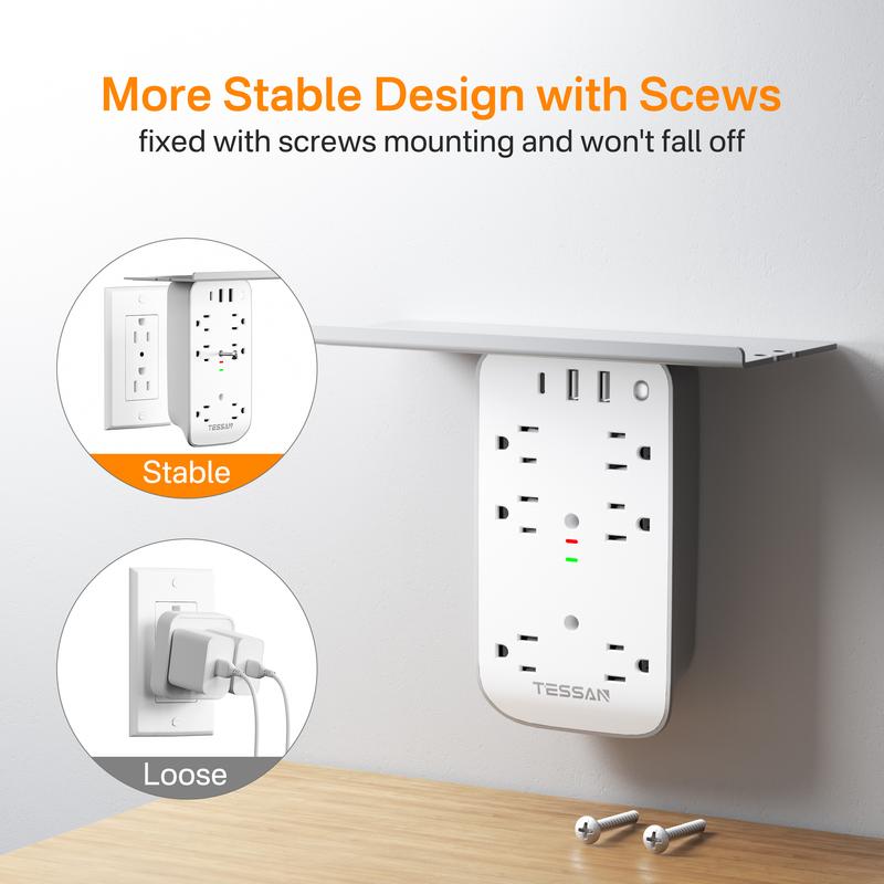 Tessan Wall Outlet Extender with Shelf Night Light Multi Plug Outlets USB Charger 6 AC 2 USB Ports 1 USB C for Home Office - Mearch