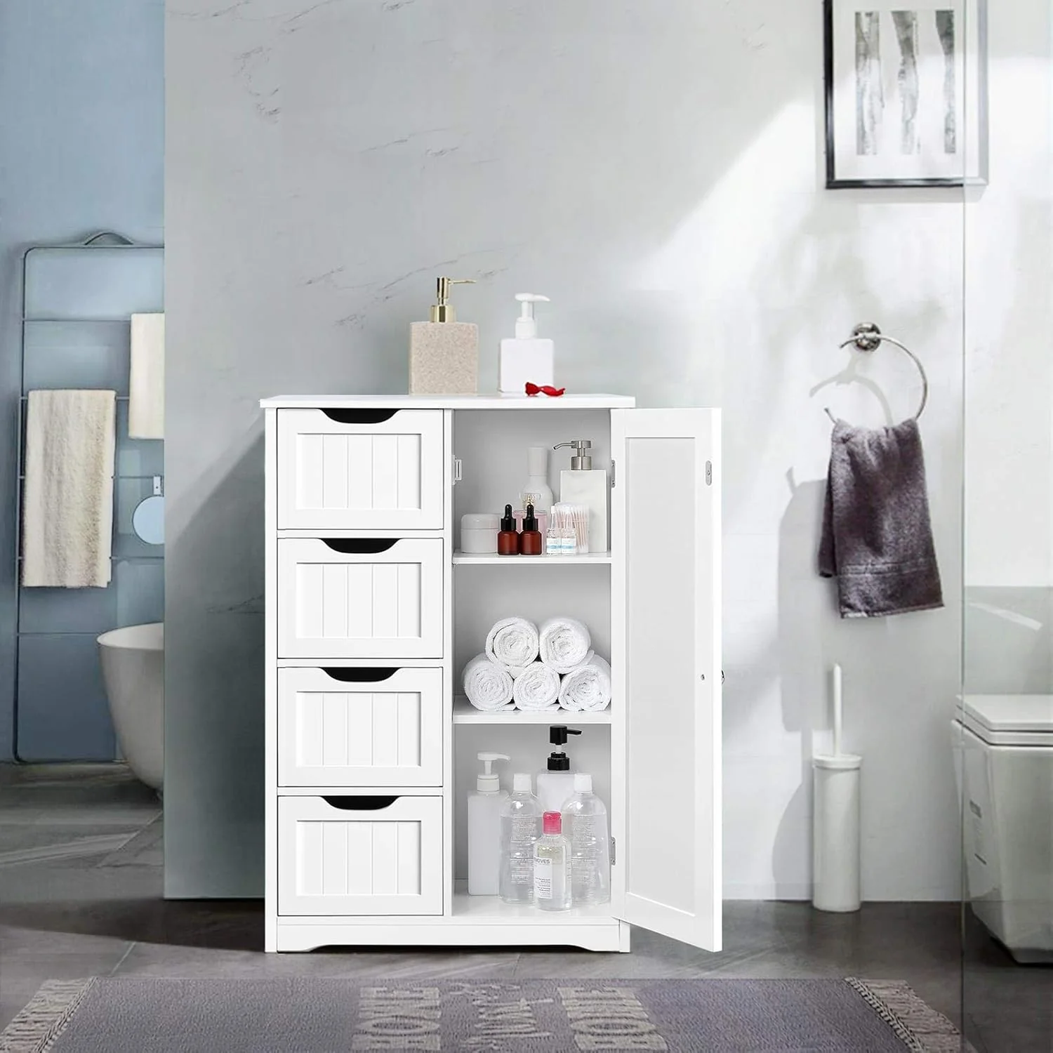 YAHEETECH Wooden Floor Cabinet with 4 Drawers & Cupboard - Mearch