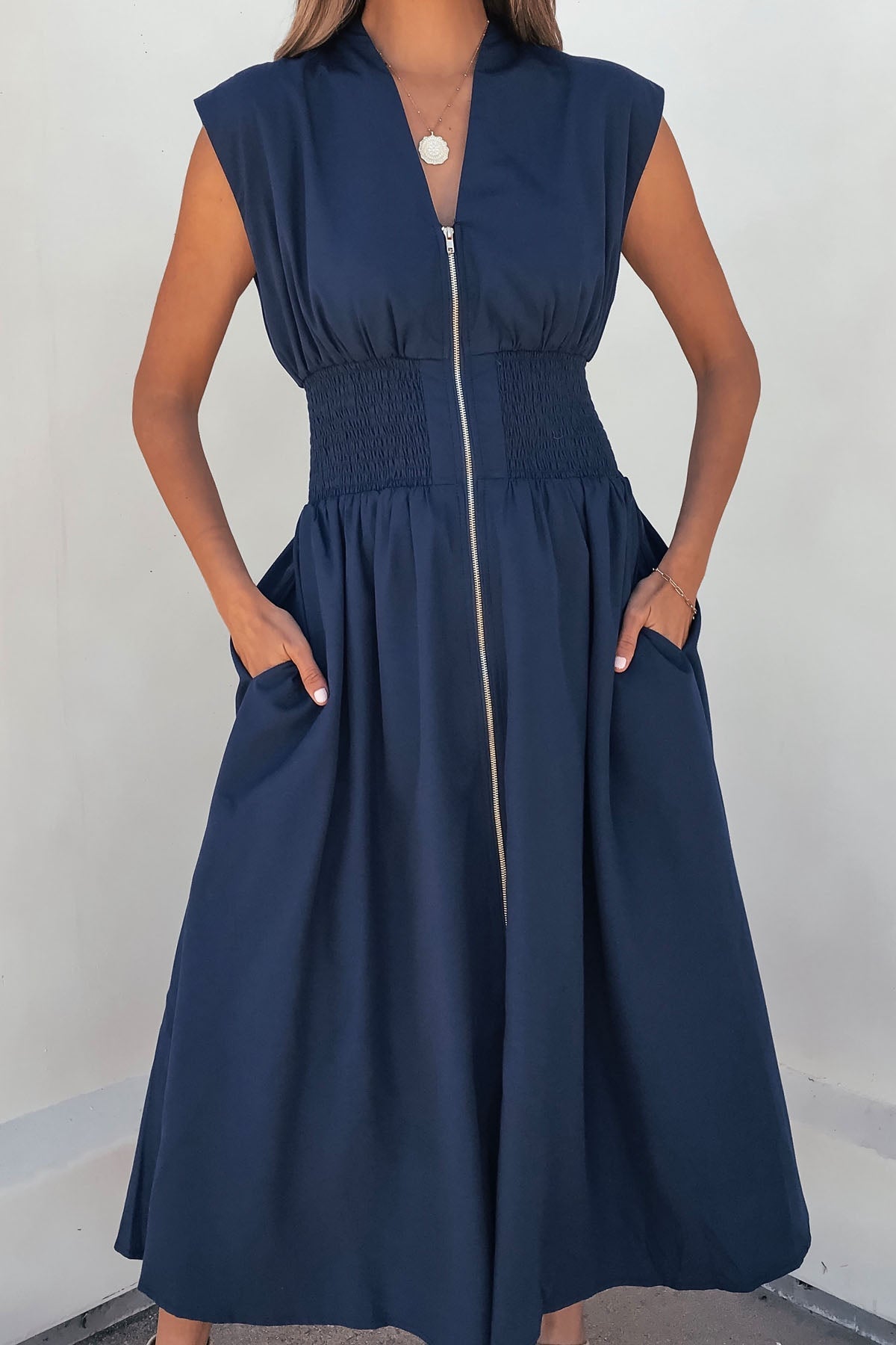 Solid Zip Up Front Midi Dress – Navy - Mearch