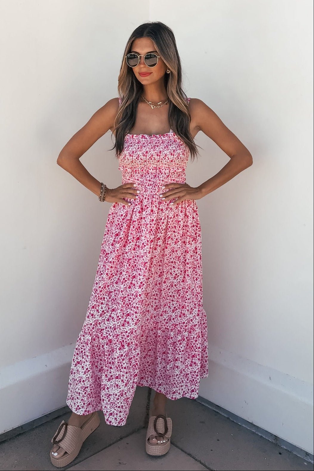 Smocked Bow Tie Print Midi Dress – Pink - Mearch