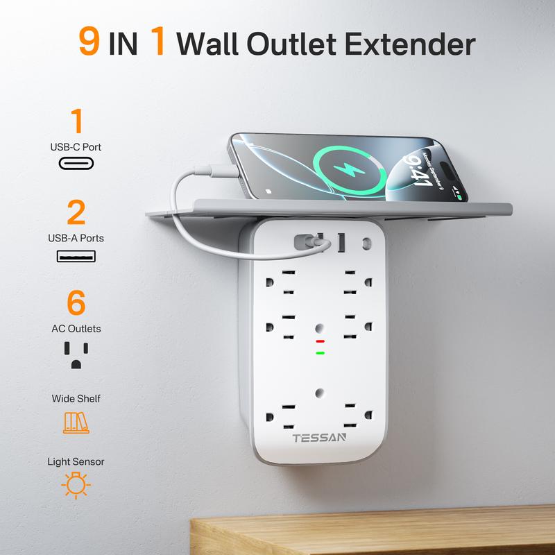 Tessan Wall Outlet Extender with Shelf Night Light Multi Plug Outlets USB Charger 6 AC 2 USB Ports 1 USB C for Home Office - Mearch