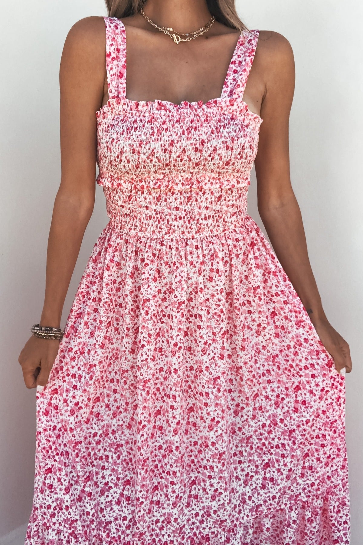 Smocked Bow Tie Print Midi Dress – Pink - Mearch