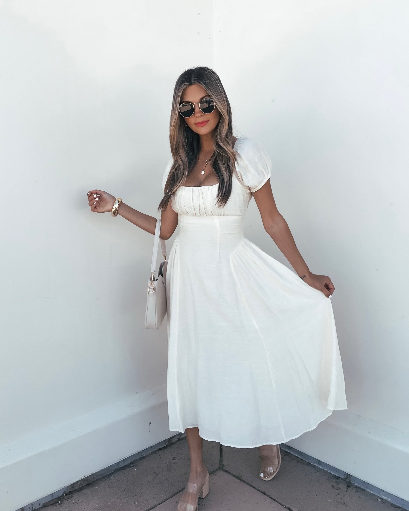Ivory Puff Sleeve Shirred Midi Dress - Mearch