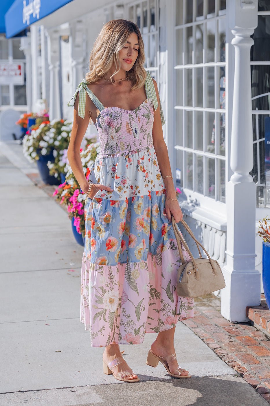 Multi Pink Floral Bow Strap Midi Dress - Mearch