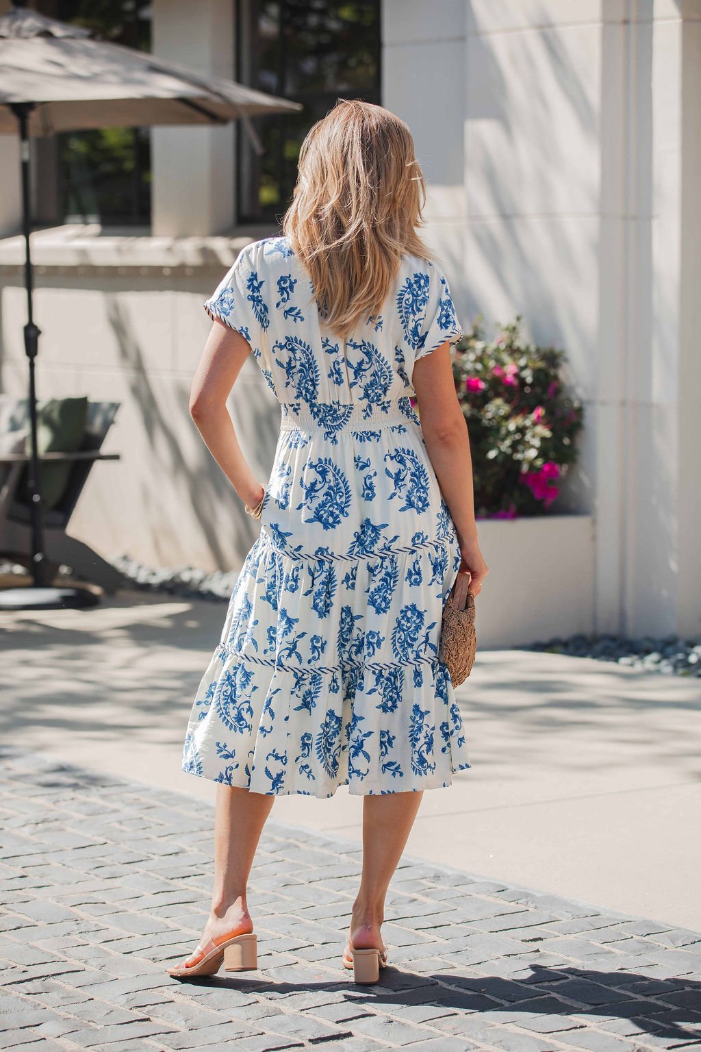 Easton Blue Print Smock Tiered Midi Dress - Mearch