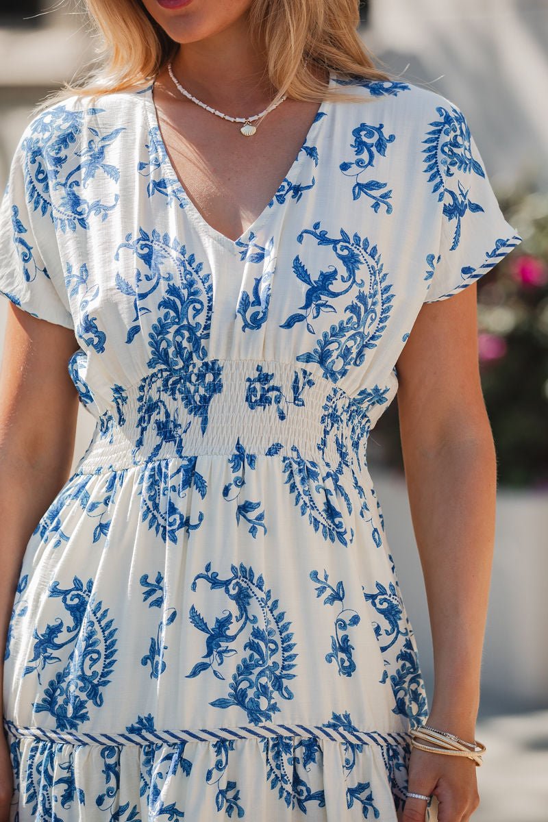 Easton Blue Print Smock Tiered Midi Dress - Mearch
