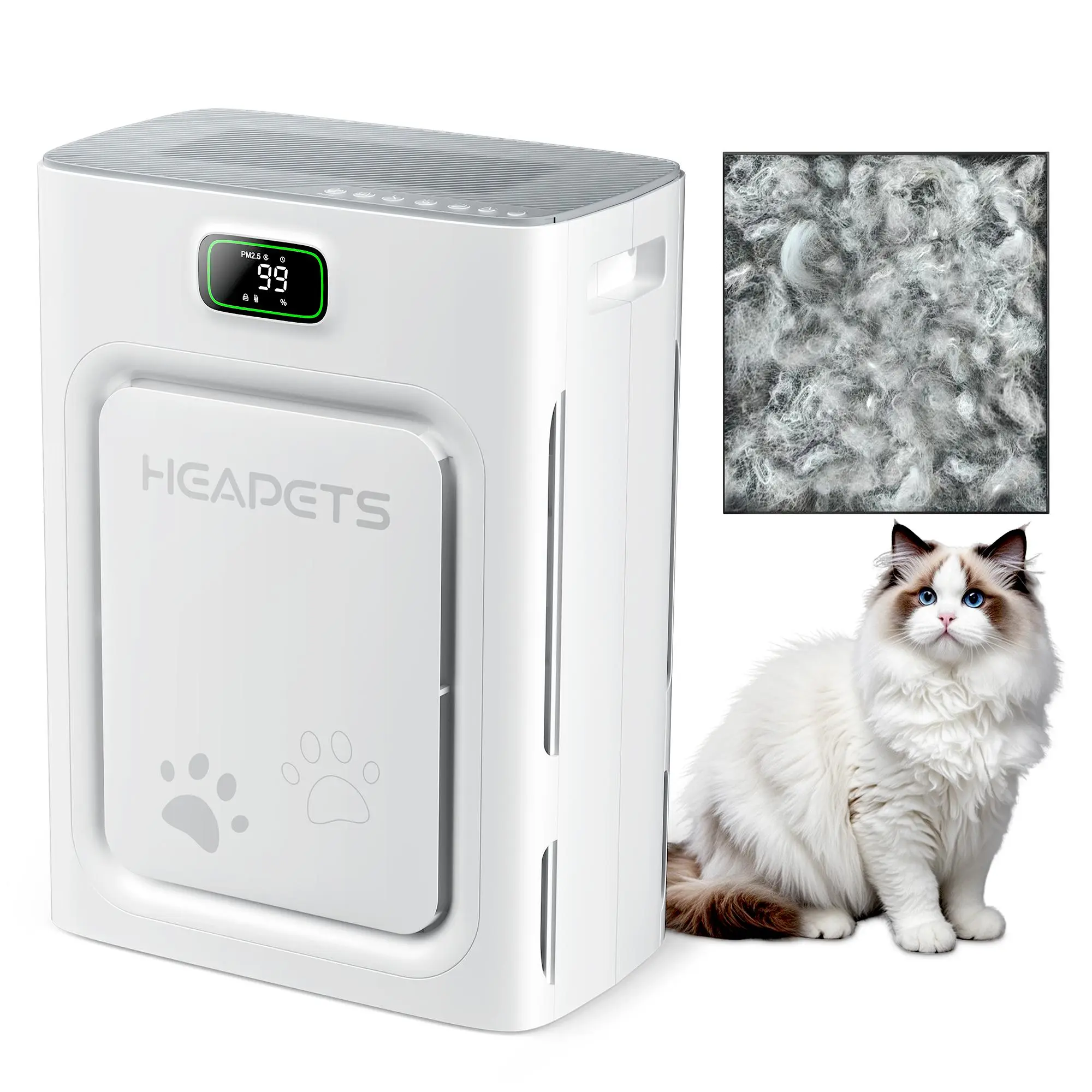 【2026 New Arrivals】Heapets P358 Pet Air Purifier for Home Large Room up to 2500 sq ft, H13 HEPA Double-Sided Air Filter, Air Cleaner for floating pet hair/pet undercoat Dander Odor Allergies Pollutant, PM2.5 Air Quality Monitor, Auto Mode, 5 Speeds - Mearch