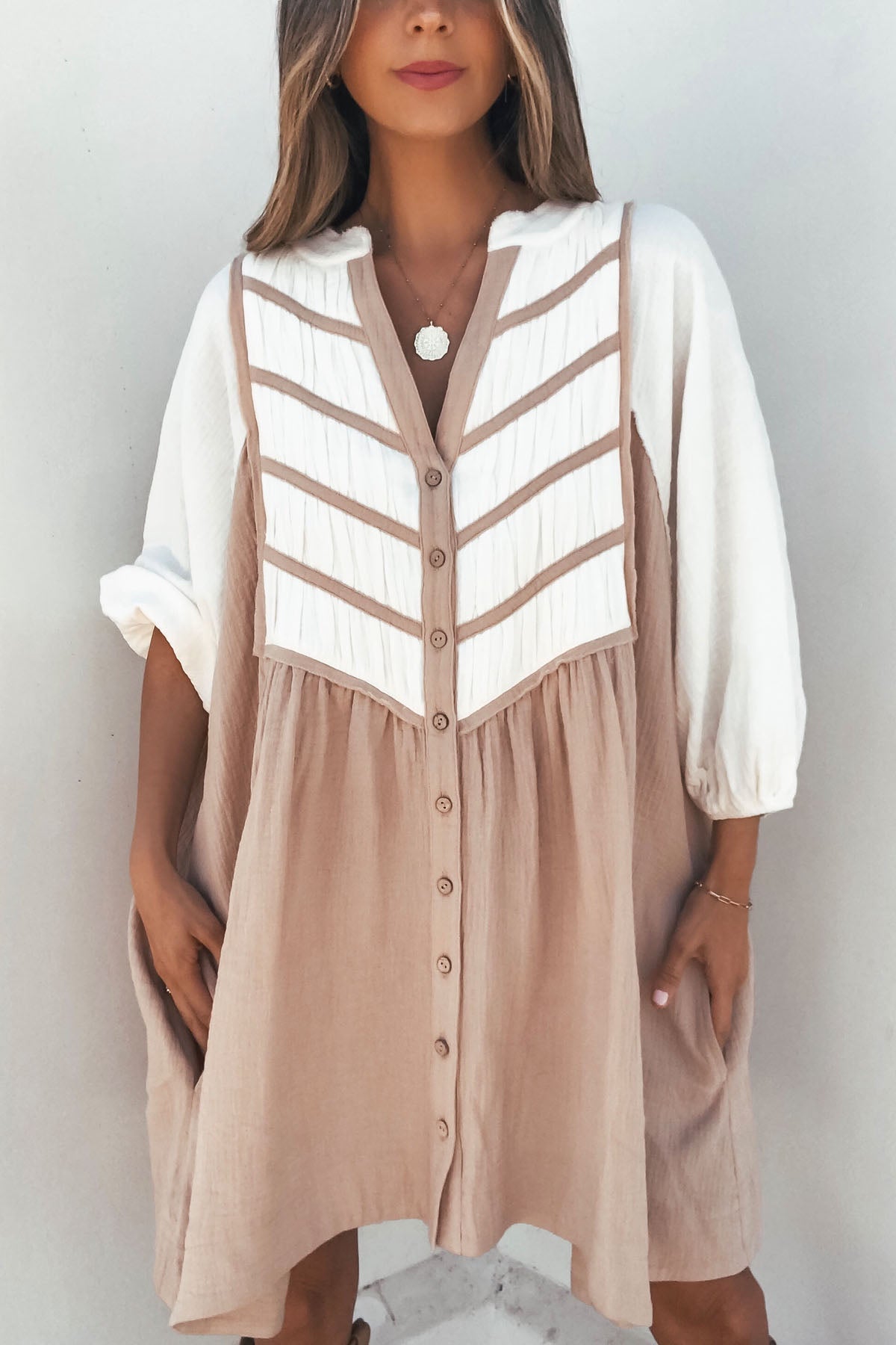 Cream Color Block Tunic Dress - Mearch