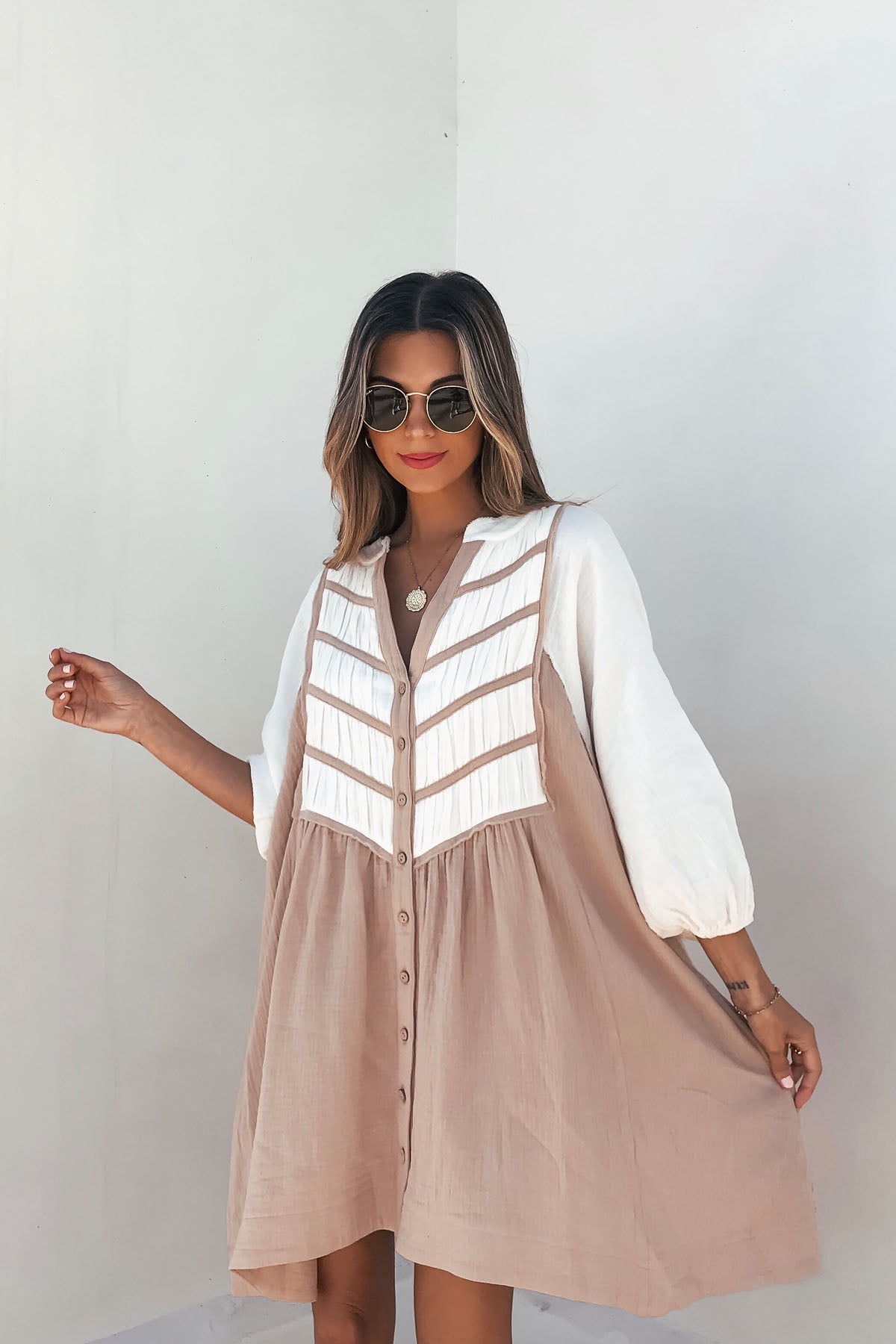 Cream Color Block Tunic Dress - Mearch