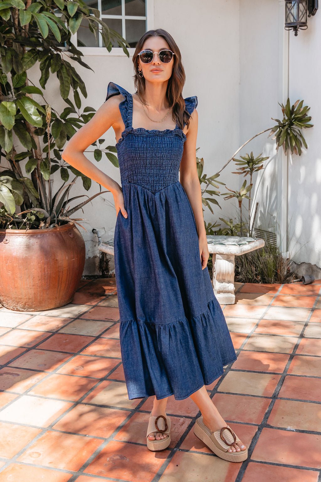 Denim Ruffle Tiered Midi Dress - Mearch