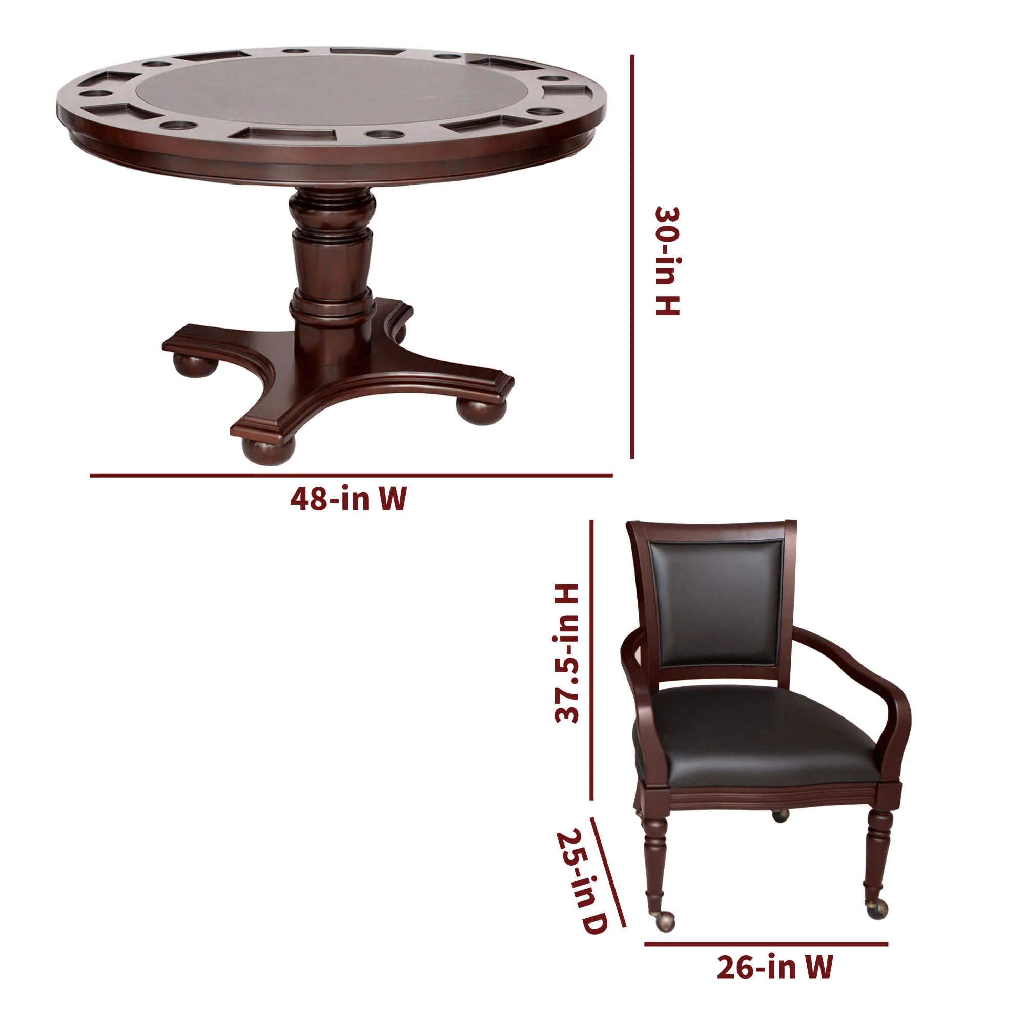 Bridgeport 48-in Poker Table and Dining Top with 4 Arm Chairs - Walnut Finish