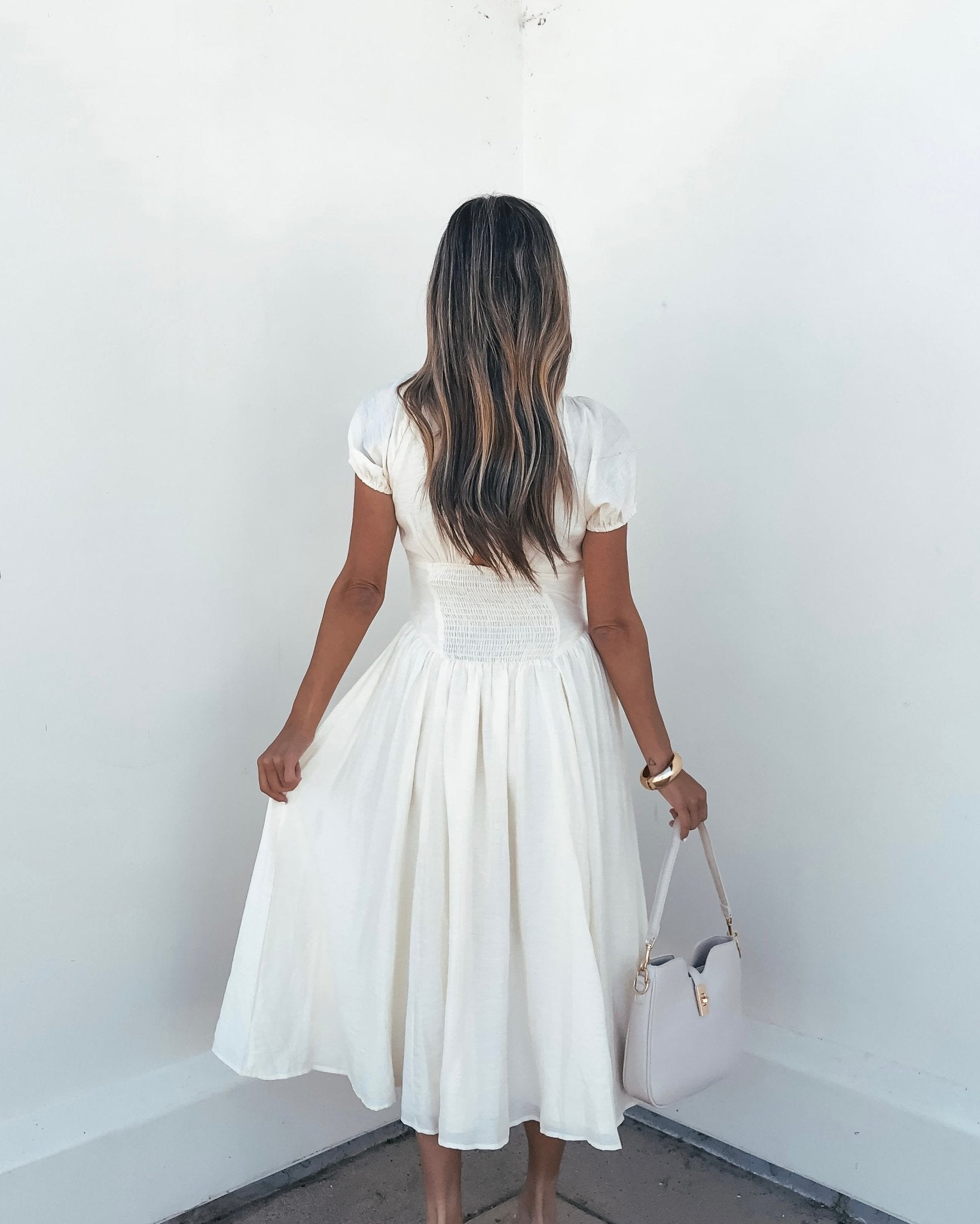 Ivory Puff Sleeve Shirred Midi Dress - Mearch