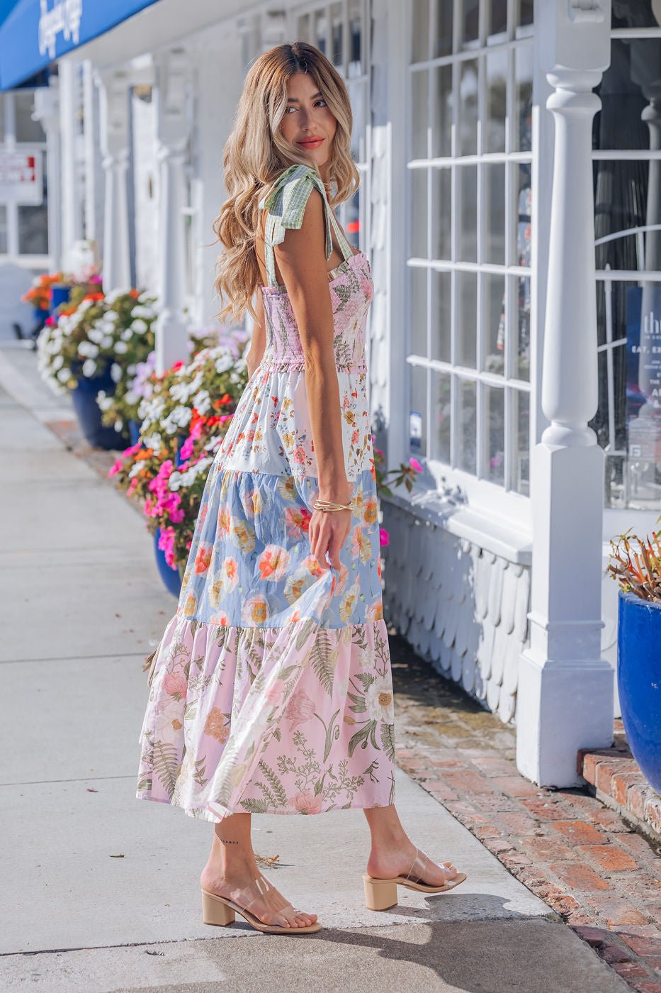 Multi Pink Floral Bow Strap Midi Dress - Mearch