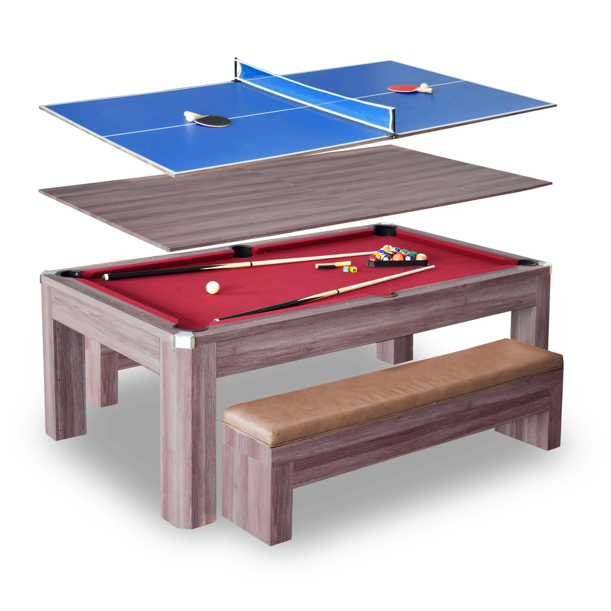 Newport 7-ft Pool Table Combo Set with Benches - Light Oak with Red Felt