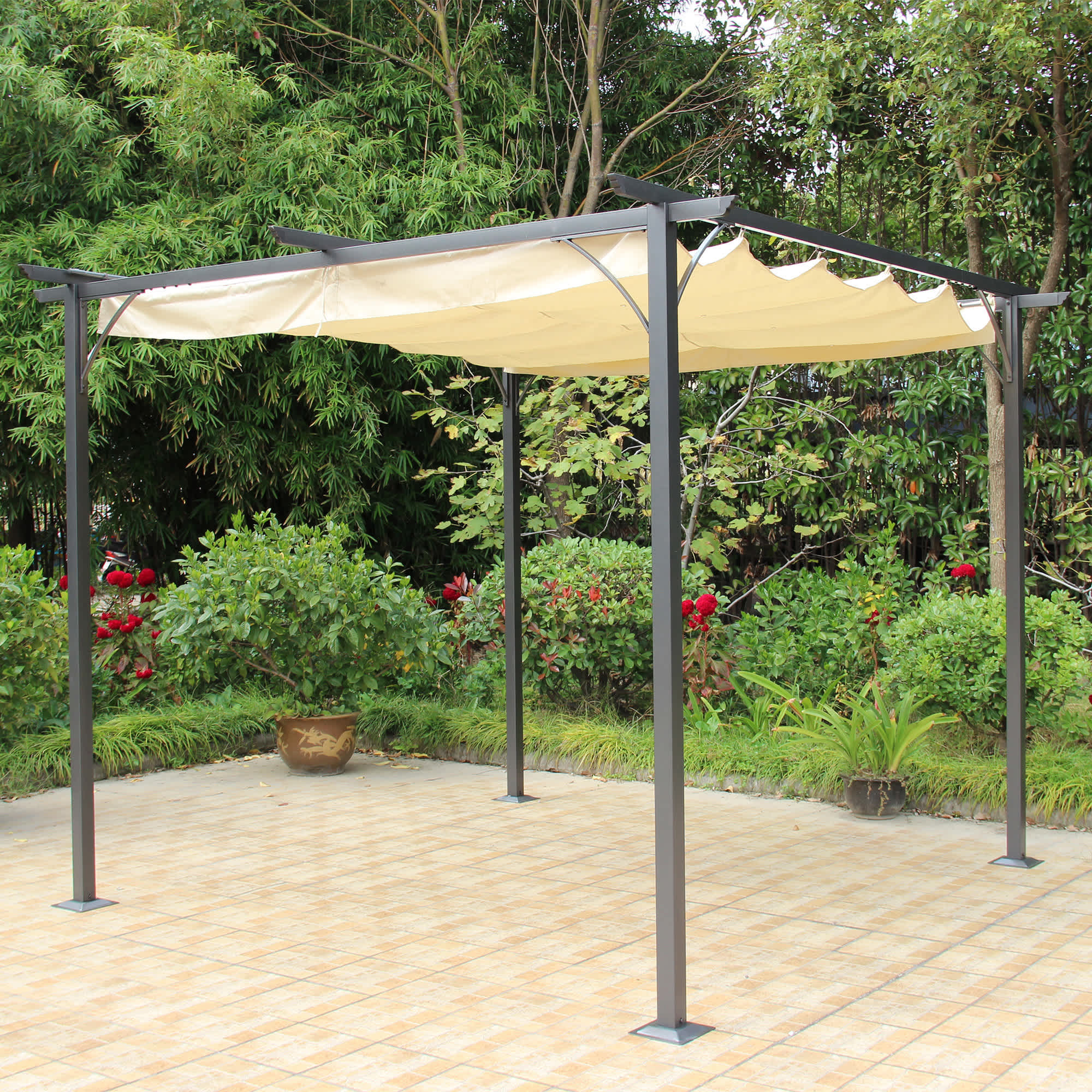 Retractable Roman Shade Pergola Canopy - Champagne