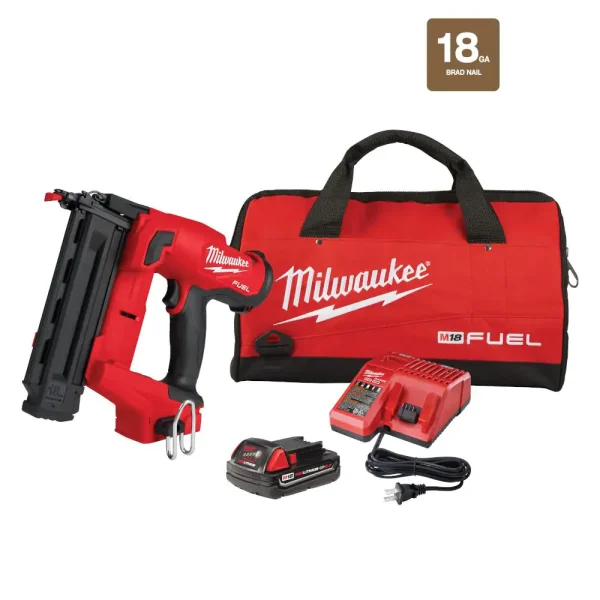 2025 18-Volt 18-Gauge Lithium-Ion Brushless Cordless Brad Nailer Kit with One 2.0 Ah Battery, Charger and Bag