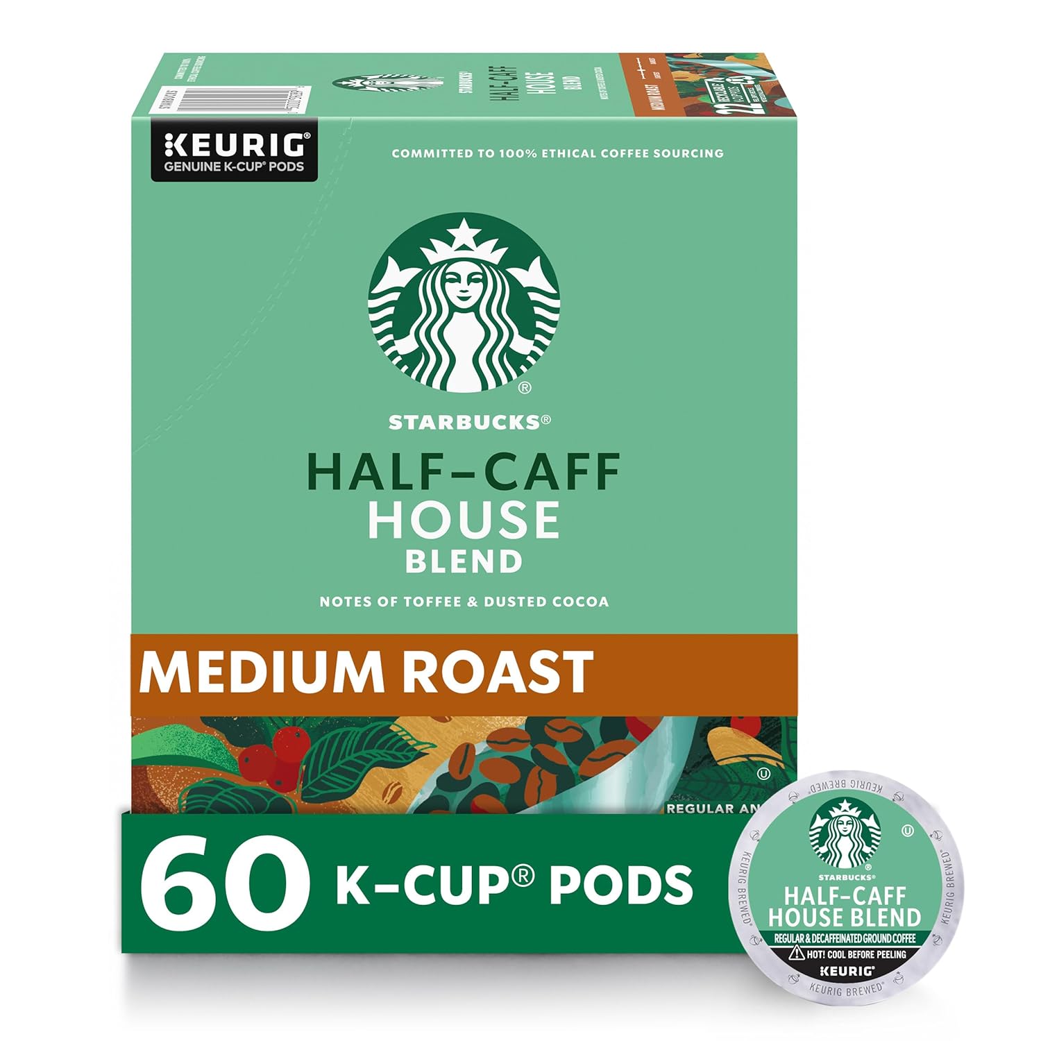 2025 K-Cup Coffee Pods, Medium Roast Coffee, Half-Caff House Blend For Keurig Brewers, 6 Boxes (60 Pods Total)