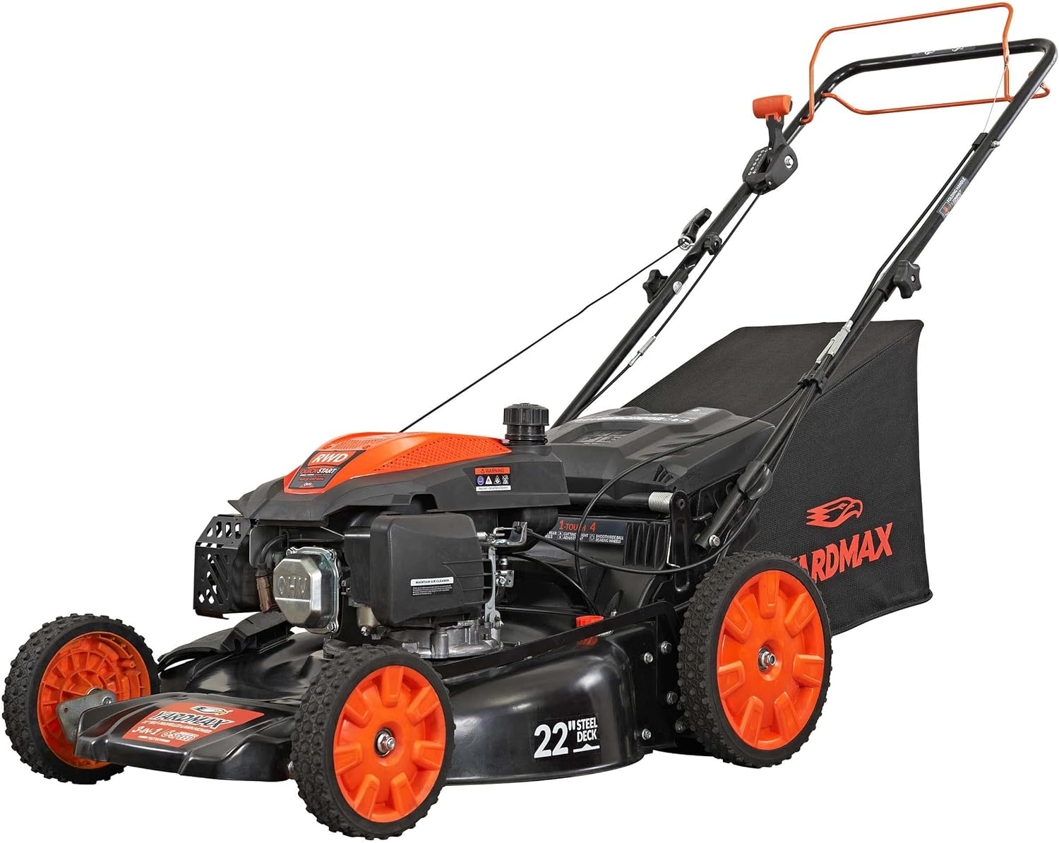2025 22′′ Gas Self Propelled Lawn Mower, 201cc, 6-Speed CVT, High Wheel RWD, 3-in-1, Black