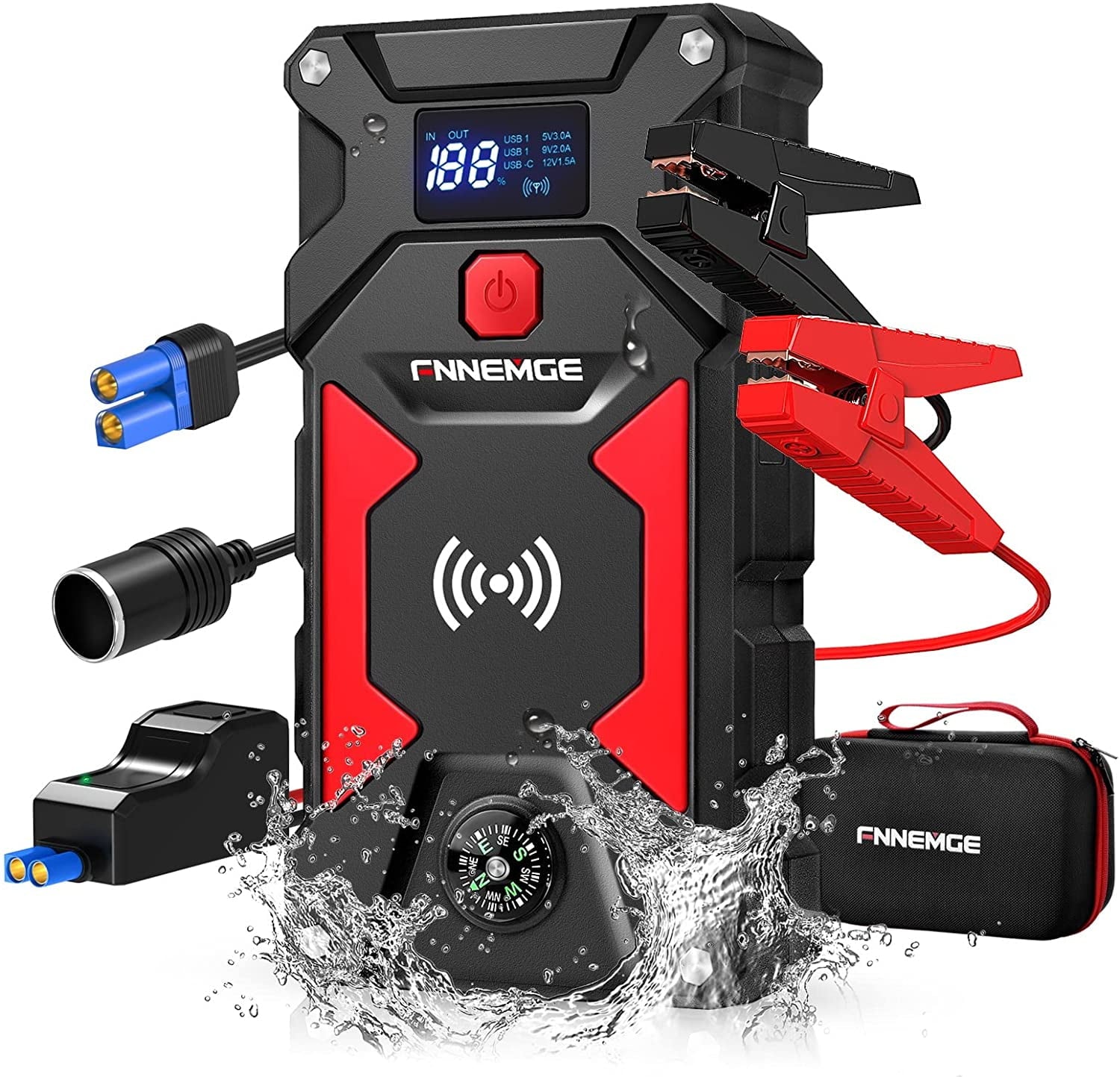 2025 Car Jump Starter 2500A Peak 24800mAh 12V Super Safe Jump Starter(Up to All Gas, 8.0L Diesel Engine), with 10W Wireless Charger Power Bank, with Smart Jumper Cable, USB Quick Charge 3.0