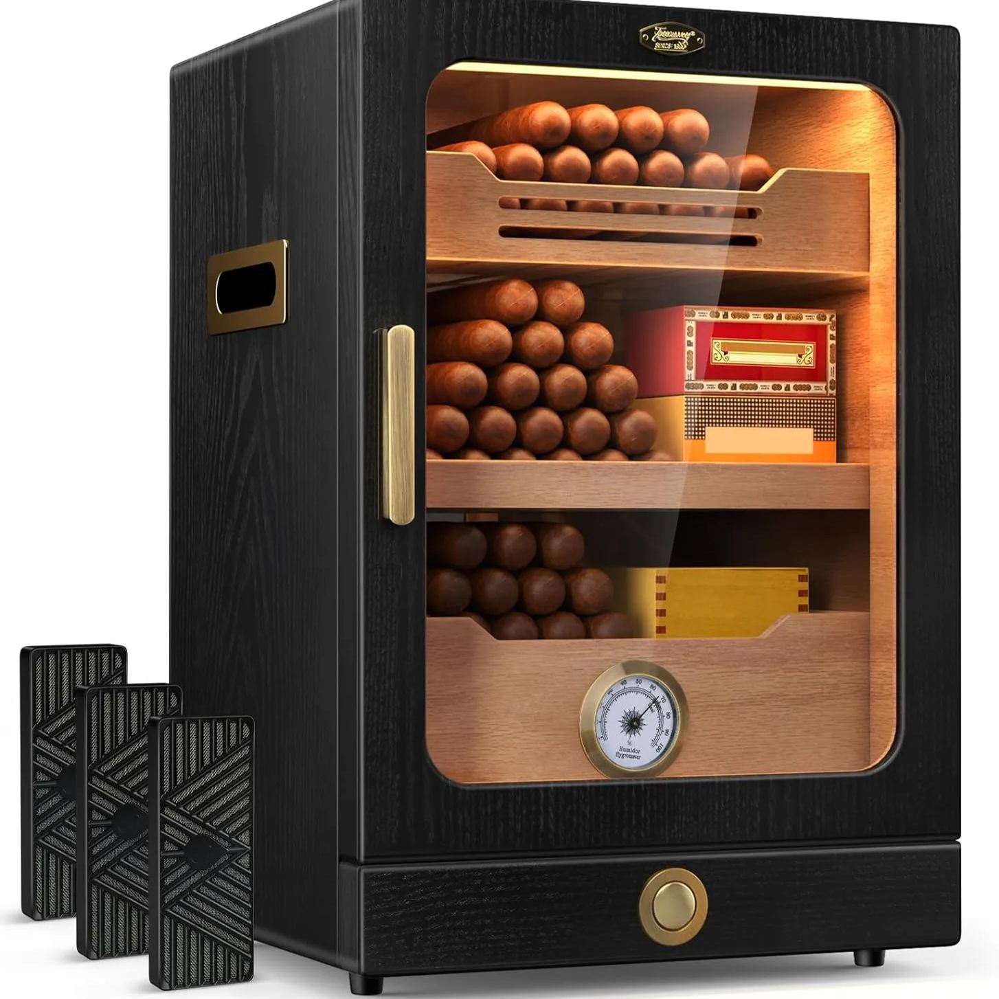2025 Cigar Humidor with Spanish Cedar Wood Shelves Hygrometer 3 Humidifiers and Cigar Accessories Drawer