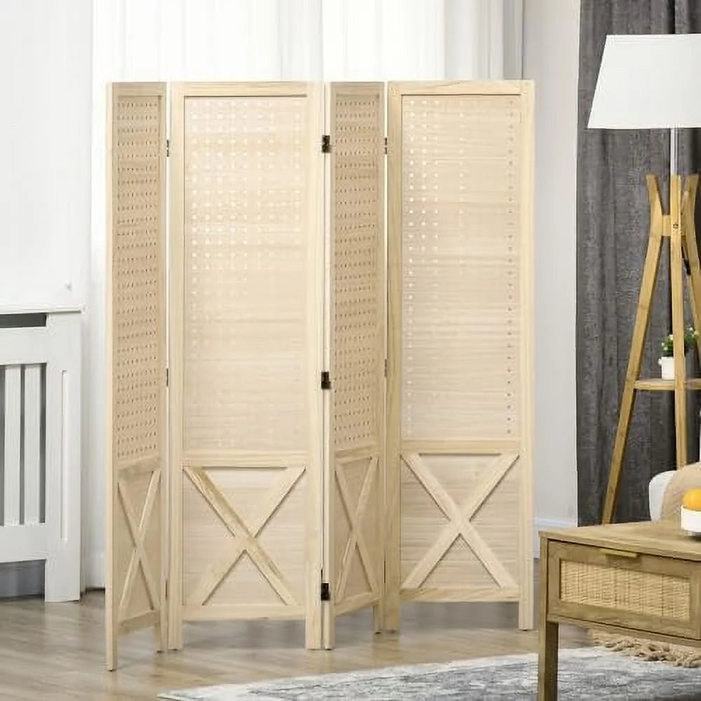 2025 4 Panel Pegboard Display Room Divider 4.7′ Tall Wood Indoor Portable Folding Privacy Screen Partition Wall Divider for Home Office Natural