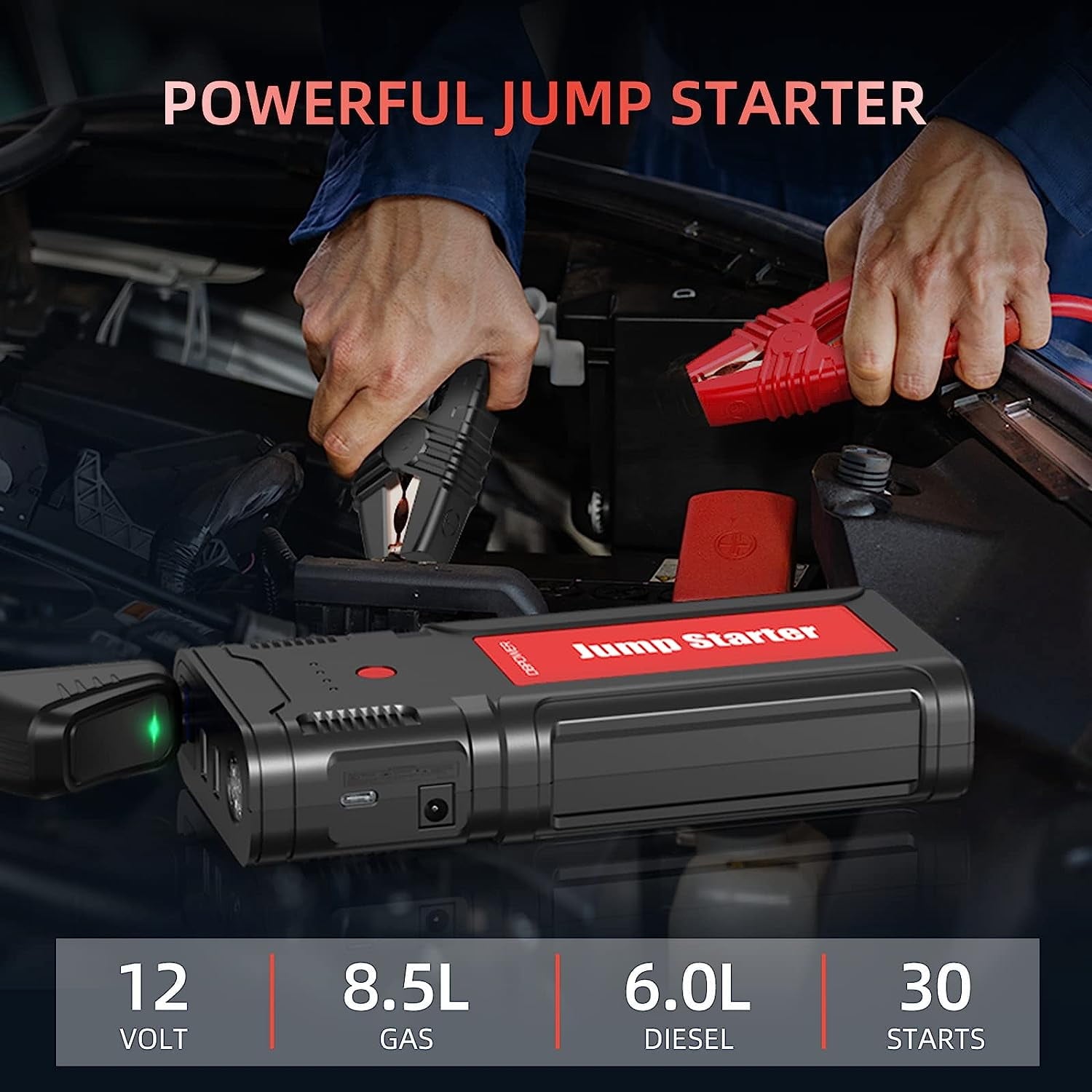 2025 Car Jump Starter – 2500A Peak, 21800mAh Battery, Quick Charge, 12V Portable Booster for 8.0L Gas/6.5L Diesel Engines,Black Red