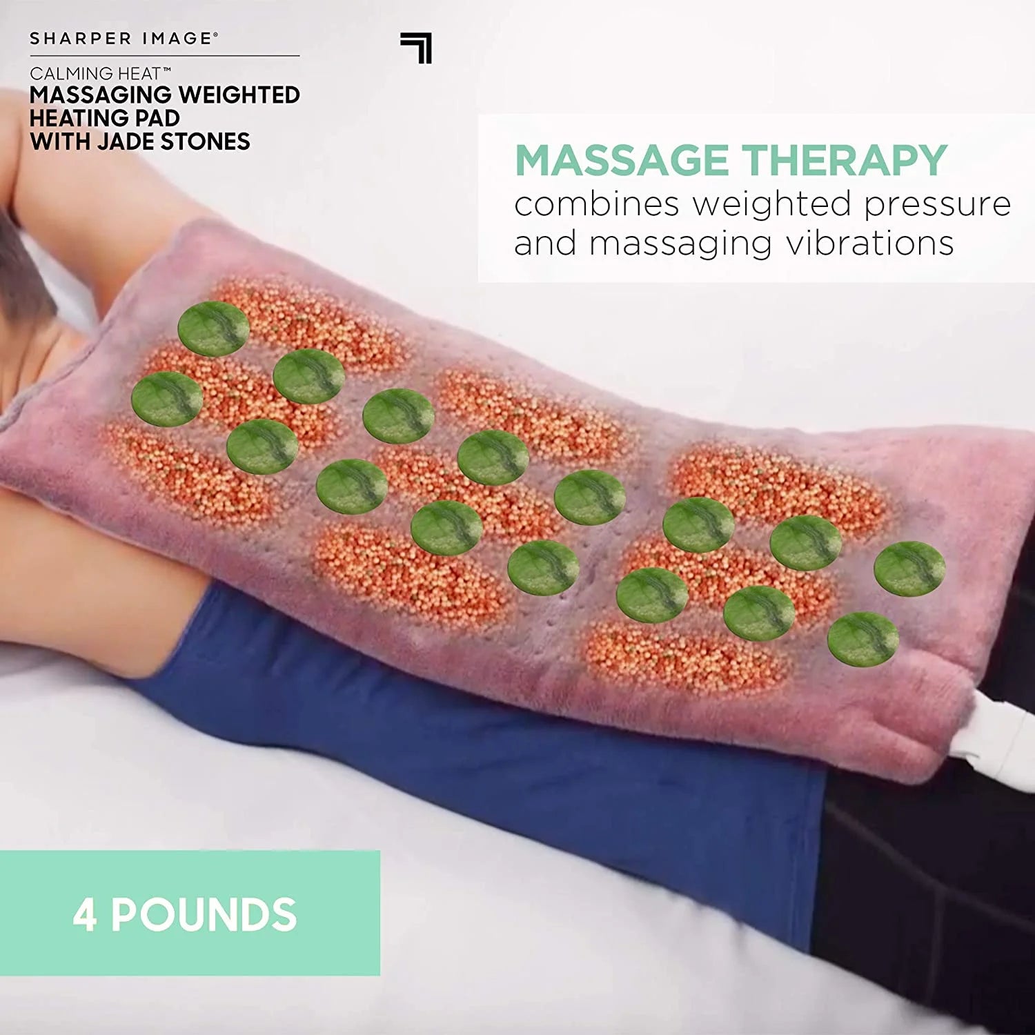 2025 Calming Heat Jade Stone Massaging Weighted Heating Pad by Sharper Image- Weighted Electric Heating Pad, Massaging Vibrations, 6 Settings- 3 Heat, 3 Massage- 9 Relaxing Combinations, 12” x 24”, 4 lbs