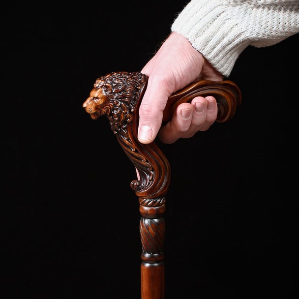 2025 Wooden Walking Stick Cane Lion Head - Palm Grip Ergonomic Handle