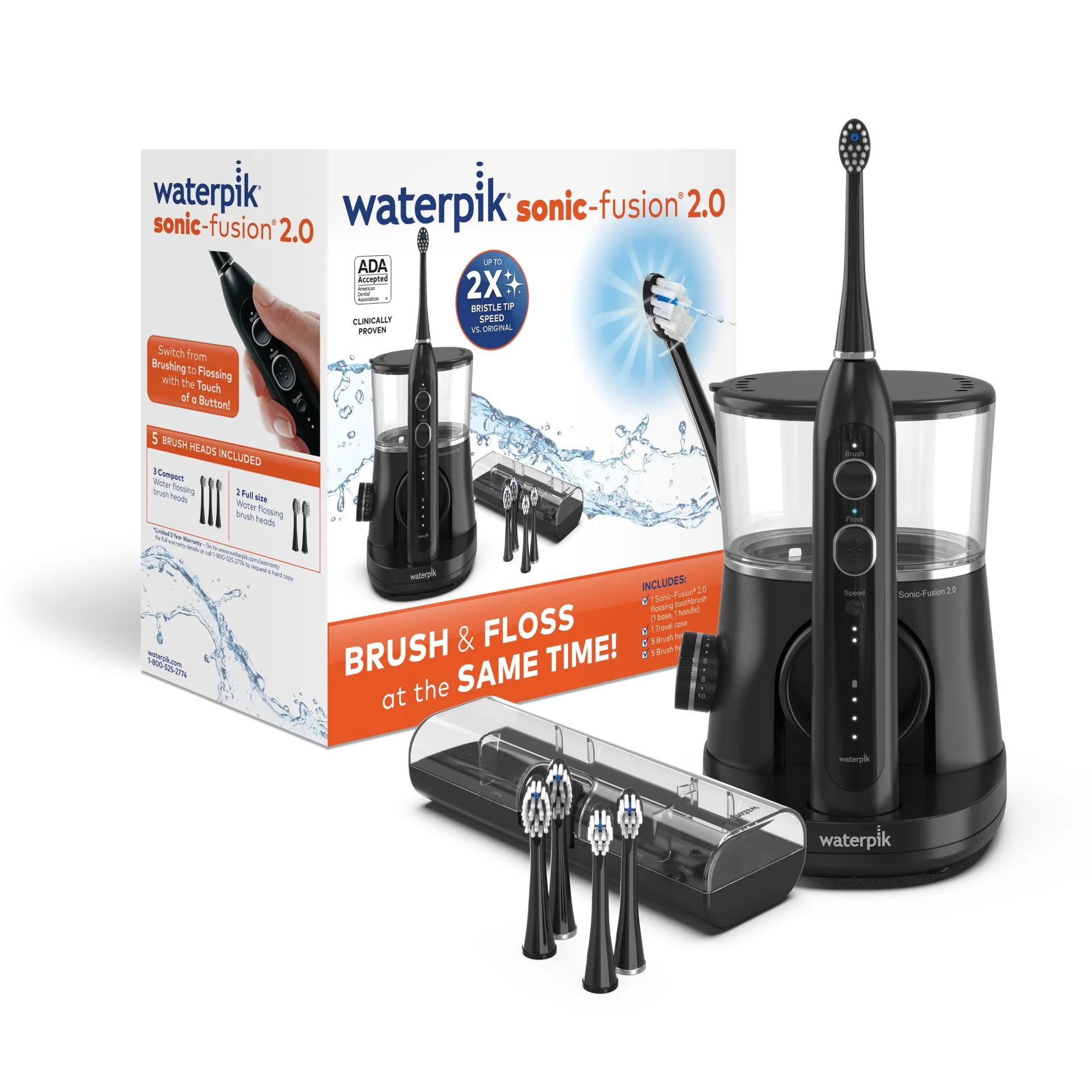 2025 Waterpik Sonic-Fusion 2.0 Flossing Electric Toothbrush Set, 5 Brush Heads, Black