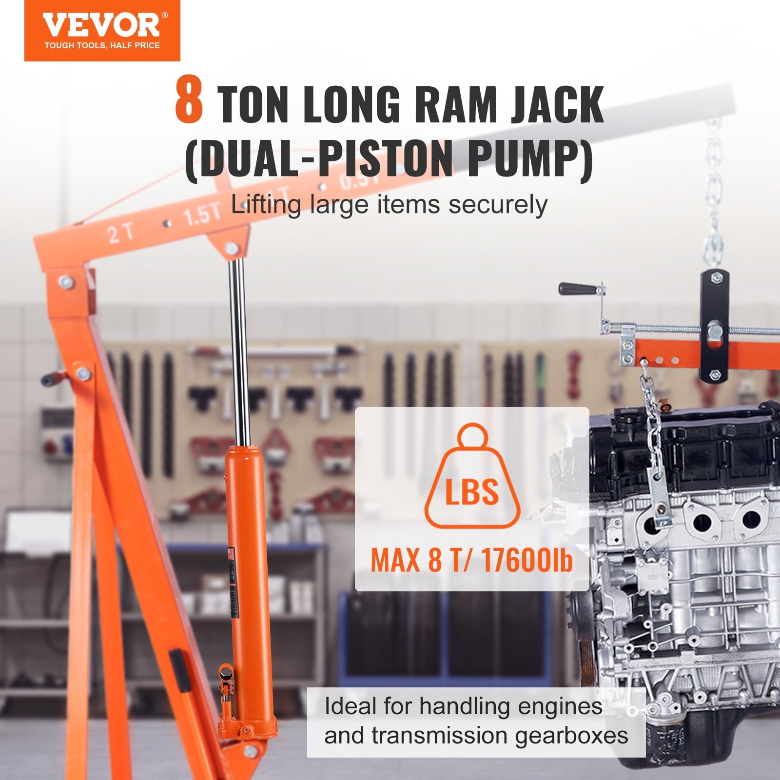2025 Hydraulic Long Ram Jack, 8 Ton Engine Hoist Cylinder with Double Piston Pump And Clevis Base, Hydraulic Ram Cylinder for Engine Lift Hoists, Hydraulic Garage/Shop Cranes, Mechanical, Farm