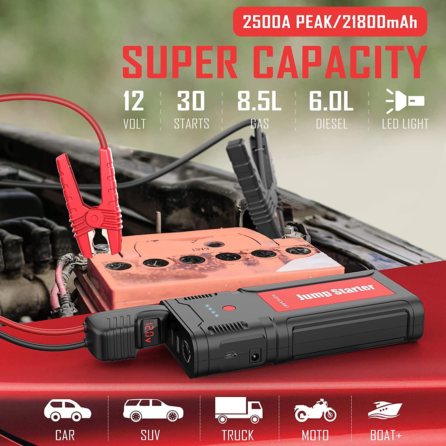 2025 G15 Portable Car Battery Jump Starter 12V 2500A 21800mAh Auto Battery Booster 8.0L Gasoline/6.5L Diesel Engines