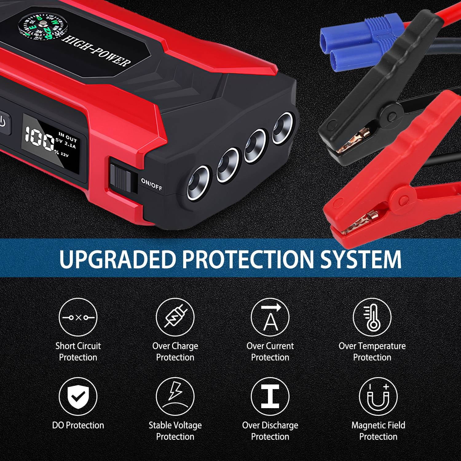 2025 20000mAh Car Battery Jump Starter 1000A Battery Charger with Safe Smart Clamps LED Flashlight