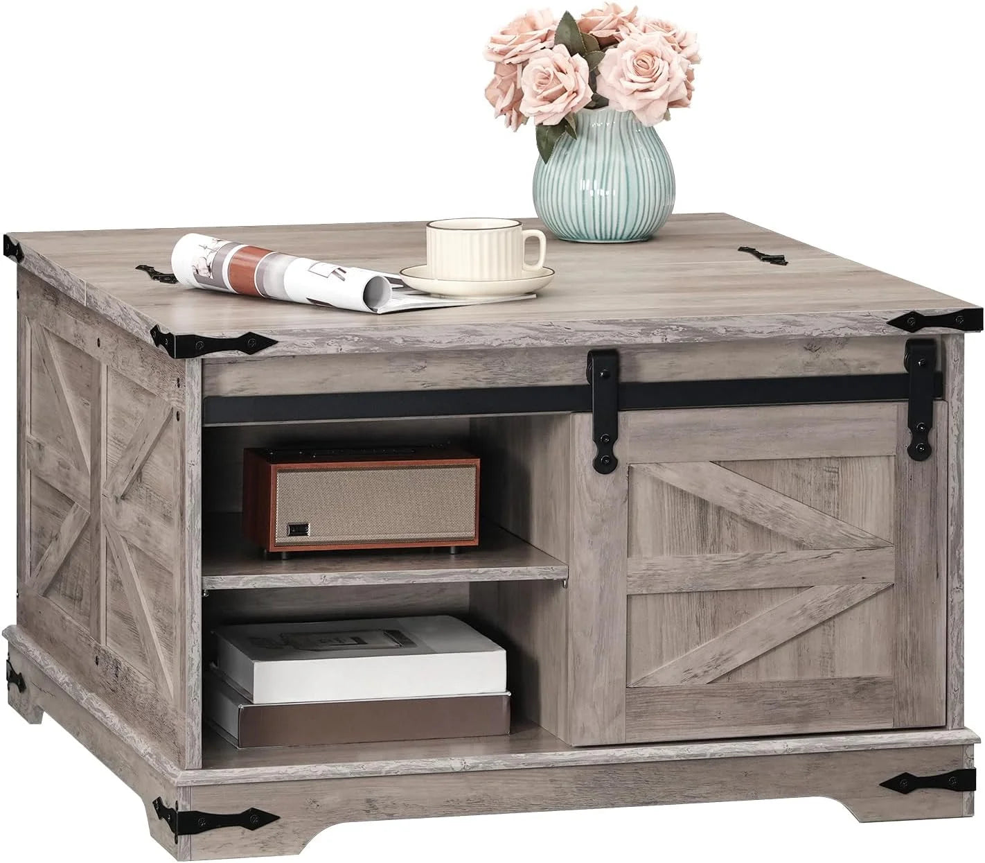2025 Farmhouse Coffee Table for Living Room with Single Sliding Barn Door Lift Top and Hidden Space Gray BG80KF01