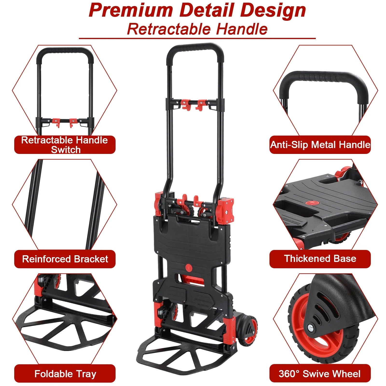 2025 Folding Hand Truck Dolly, 2-in-1 Heavy-duty Platform Cart with 22′′ Folding Basket, Collapsible Utility Luggage Dolly Cart, Red, 330LBS