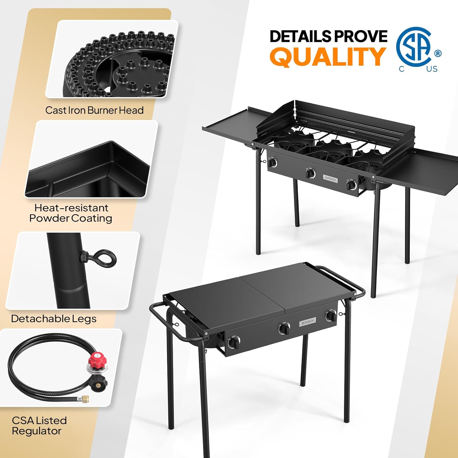 2025 3 Burner Gas Stove with 2 Side Shelves with Removable Leg Wind Panel Regulator