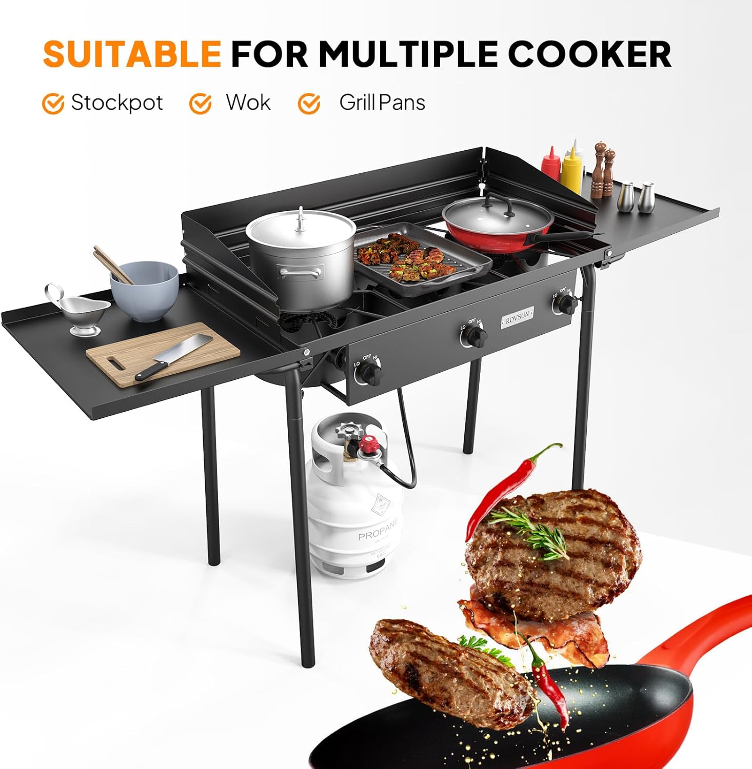 2025 3 Burner Gas Stove with 2 Side Shelves with Removable Leg Wind Panel Regulator