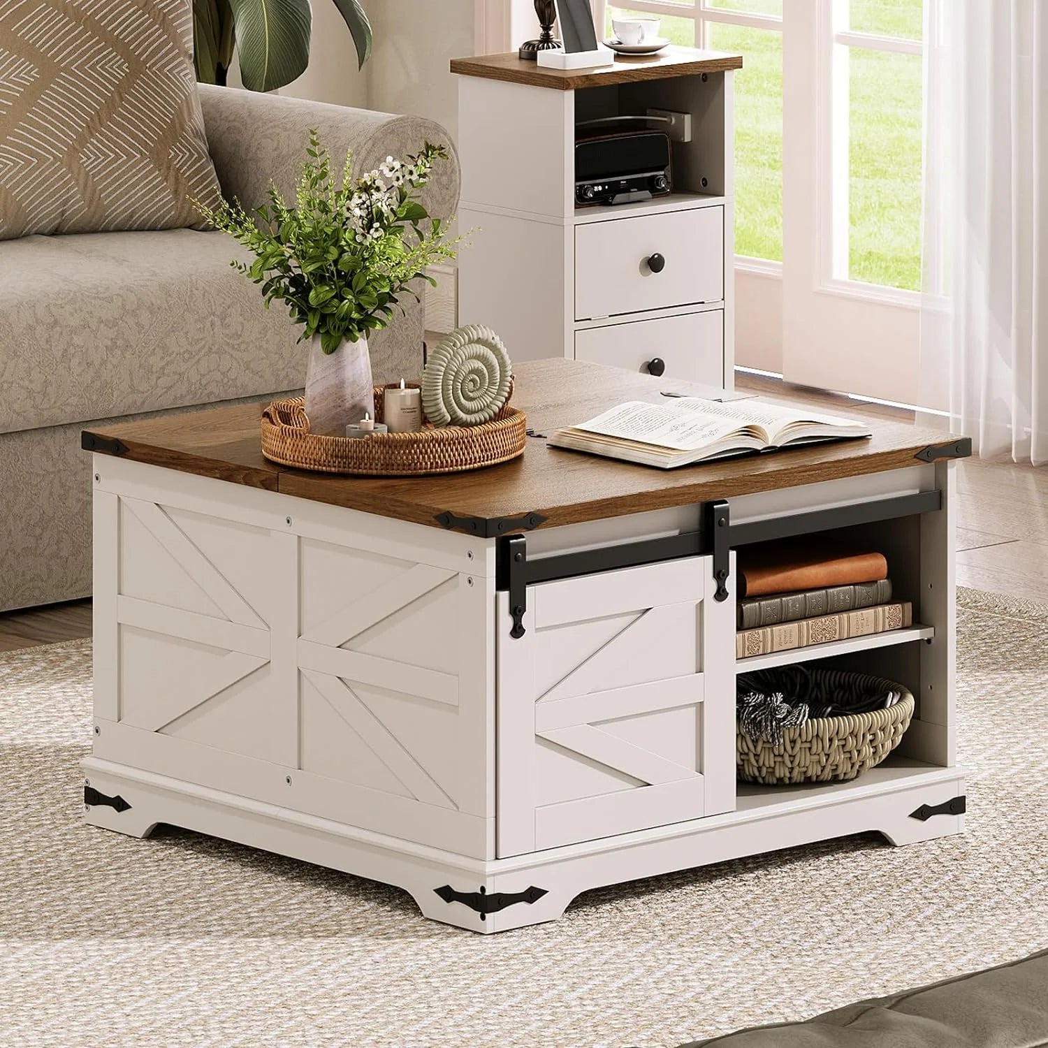 2025 Farmhouse Coffee Table for Living Room with Single Sliding Barn Door Lift Top and Hidden Space White and Walnut WH80KF01