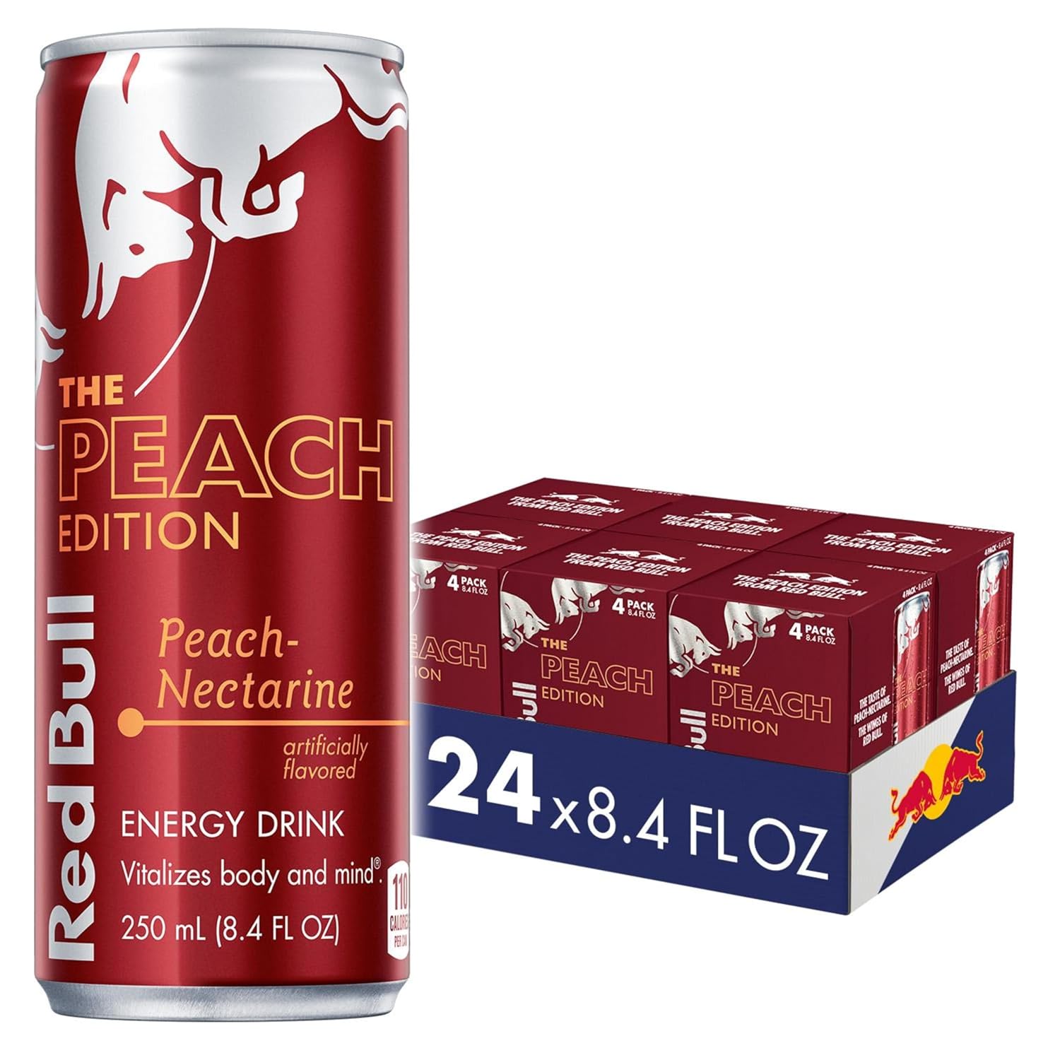 2025 Peach Nectarine, with 80mg Caffeine plus Taurine & B Vitamins, 8.4 Fl Oz, 6 Packs of 4 Cans (Pack of 24)