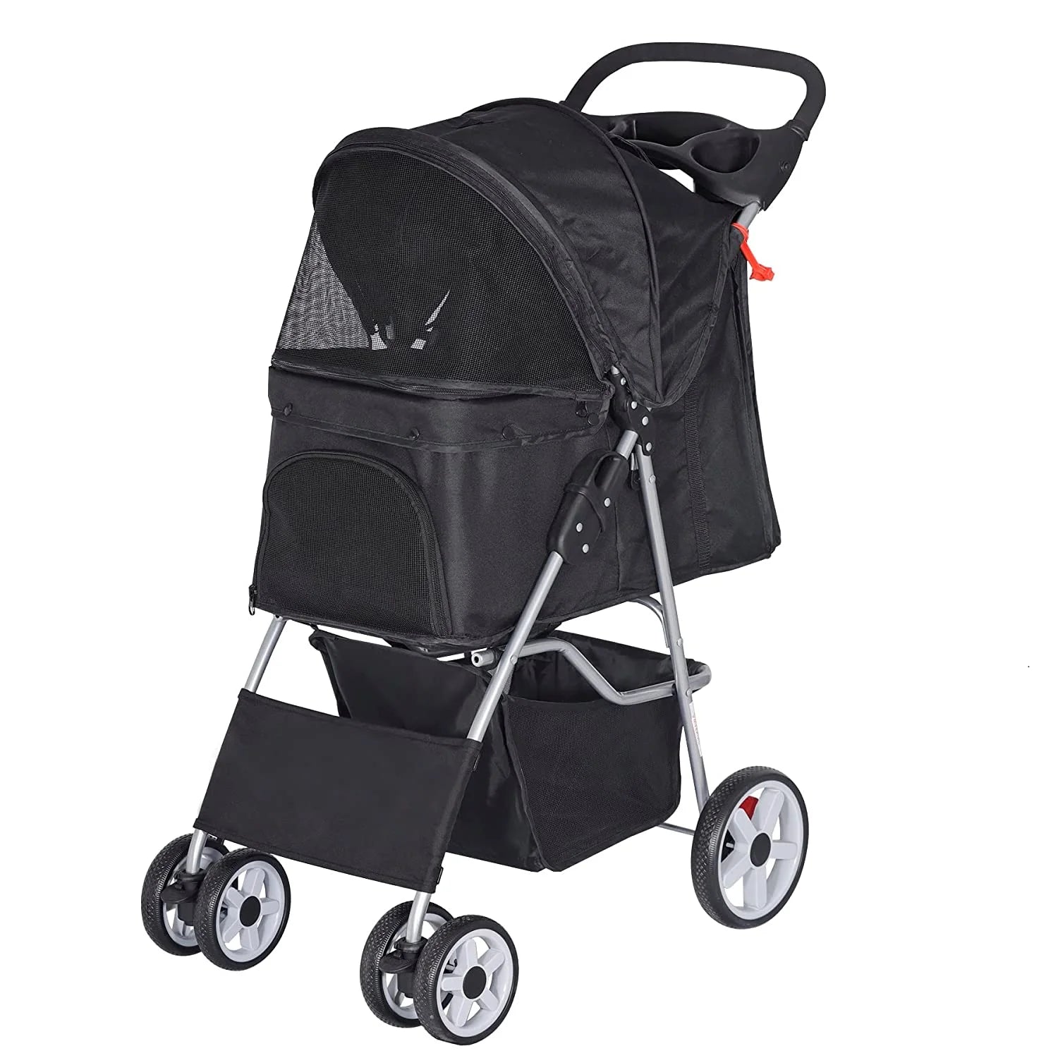 2025 Foldable Pet Stroller, Cat/Dog Stroller with 4 Wheel, Pet Travel Carrier Strolling Cart with Storage Basket, Cup Holder, Black