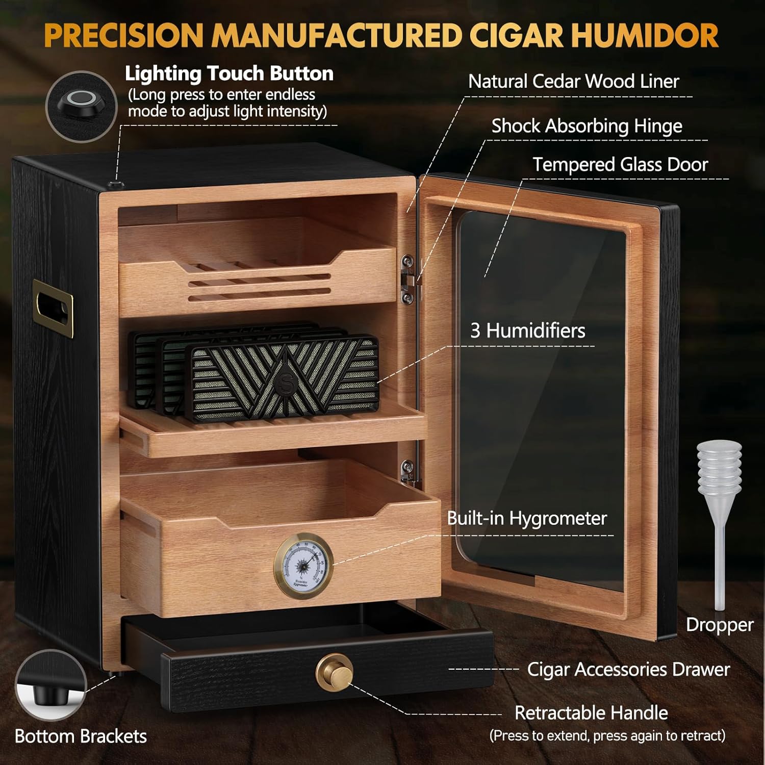 2025 Cigar Humidor with Spanish Cedar Wood Shelves Hygrometer 3 Humidifiers and Cigar Accessories Drawer
