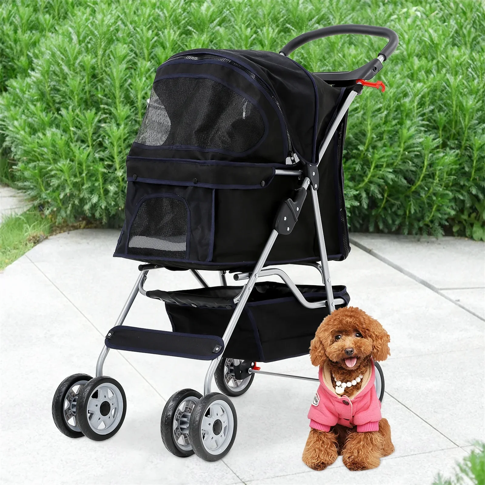 2025 Foldable Dog Stroller Cat Stroller with Storage Basket & Removable Liner, 4 Wheels Pet Stroller,Foldable Carrier Strolling Cart for Dogs Cats, Black