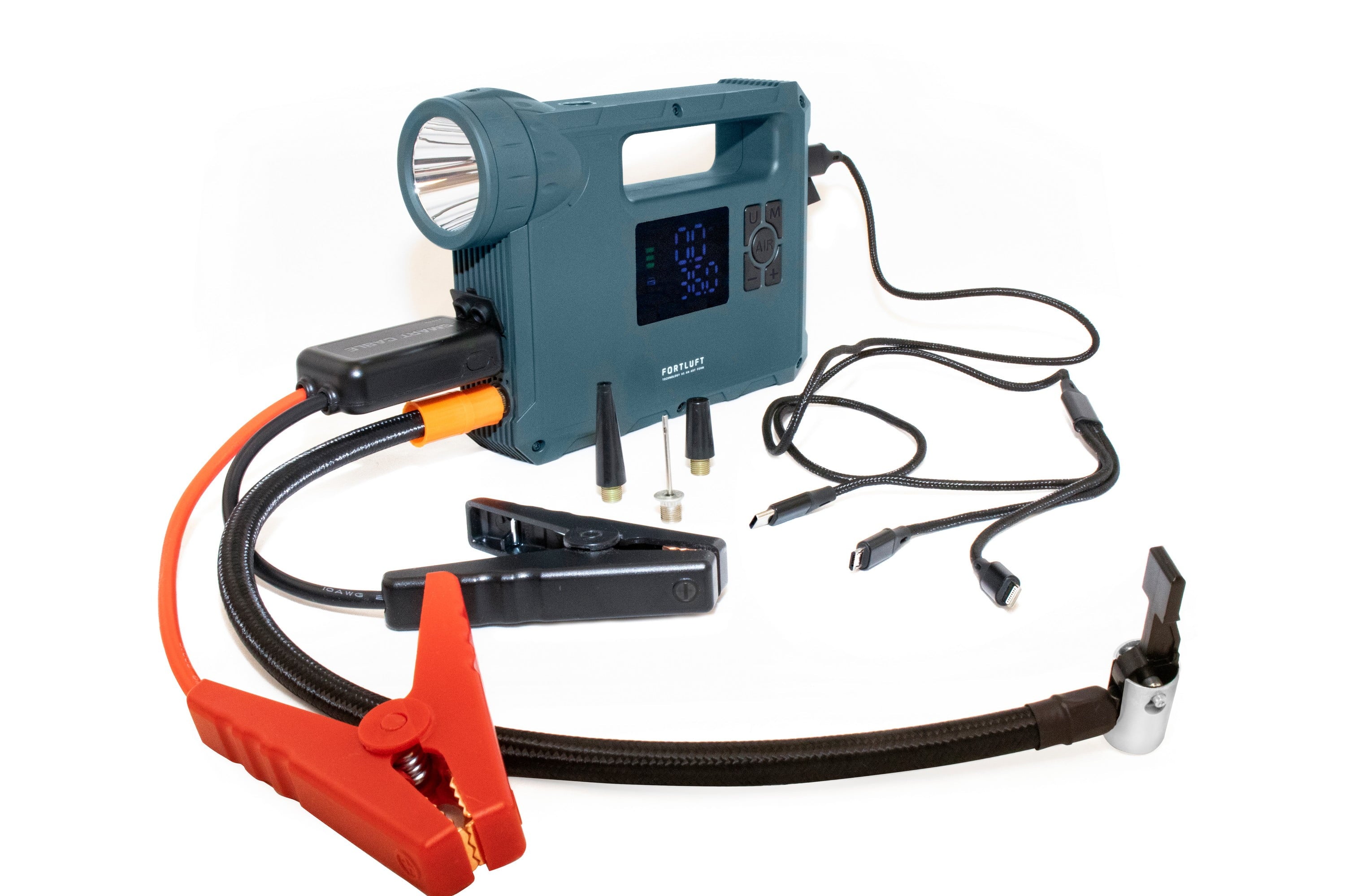 2025 JS002 Portable Power Station Jump Starter & Air Compressor: 1000 Peak/400 Instant Amps- 150 PSI Digital Air Compressor – USB Port – LED Flashlight – Battery Clamps