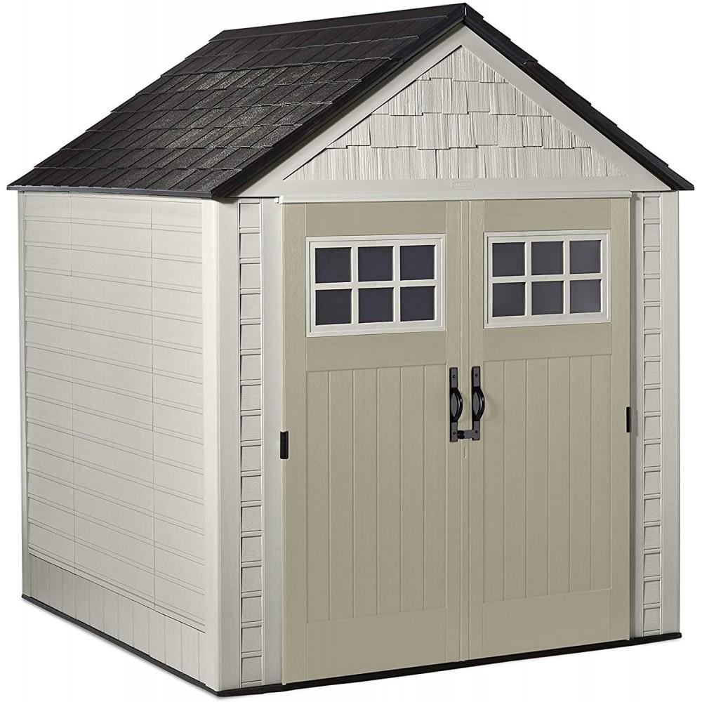 2025 7×7 Ft Durable Weather Resistant Resin Outdoor Garden Storage Shed with Windows and Utility Hooks, Sand