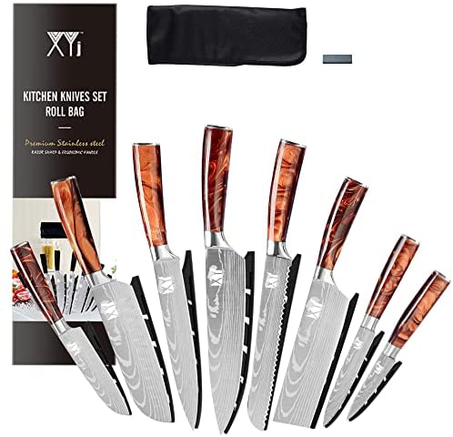 2025 XYJ Stainless Steel 8-Piece Kitchen Knife Set with Ergonomic Handles, Sheaths & Carry Case