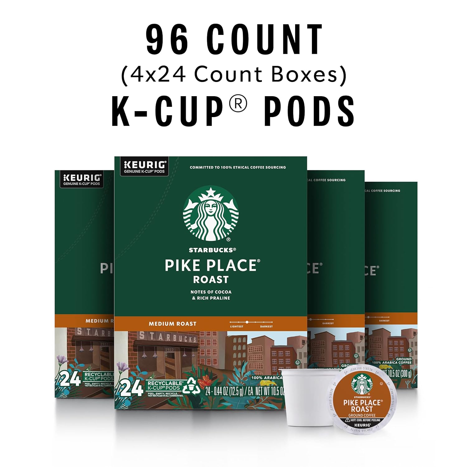2025 K-Cup Coffee Pods, Medium Roast Coffee, Pike Place Roast for Keurig Brewers, 4 boxes (96 pods total)