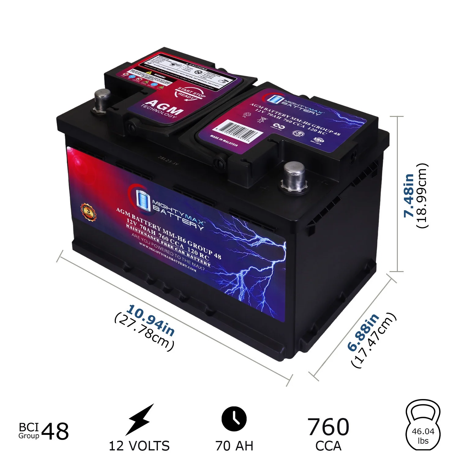 2025 Group 48 12V 70AH 120RC 760CCA Replacement Battery Compatible with Chevrolet Silverado 1500 1/2 Ton 07-13